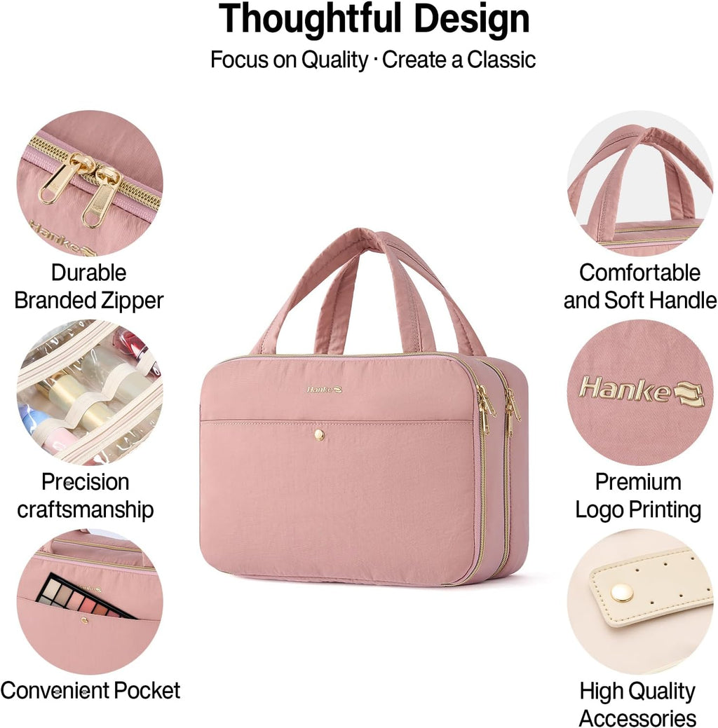Hanke Hanging Travel Toiletry Bag for Women with Jewelry Organizer Compartment, Travel Essentials Toiletries and Makeup Bag, Water-Resistant & Stain-Resistant with Trolley Strap (Pink)