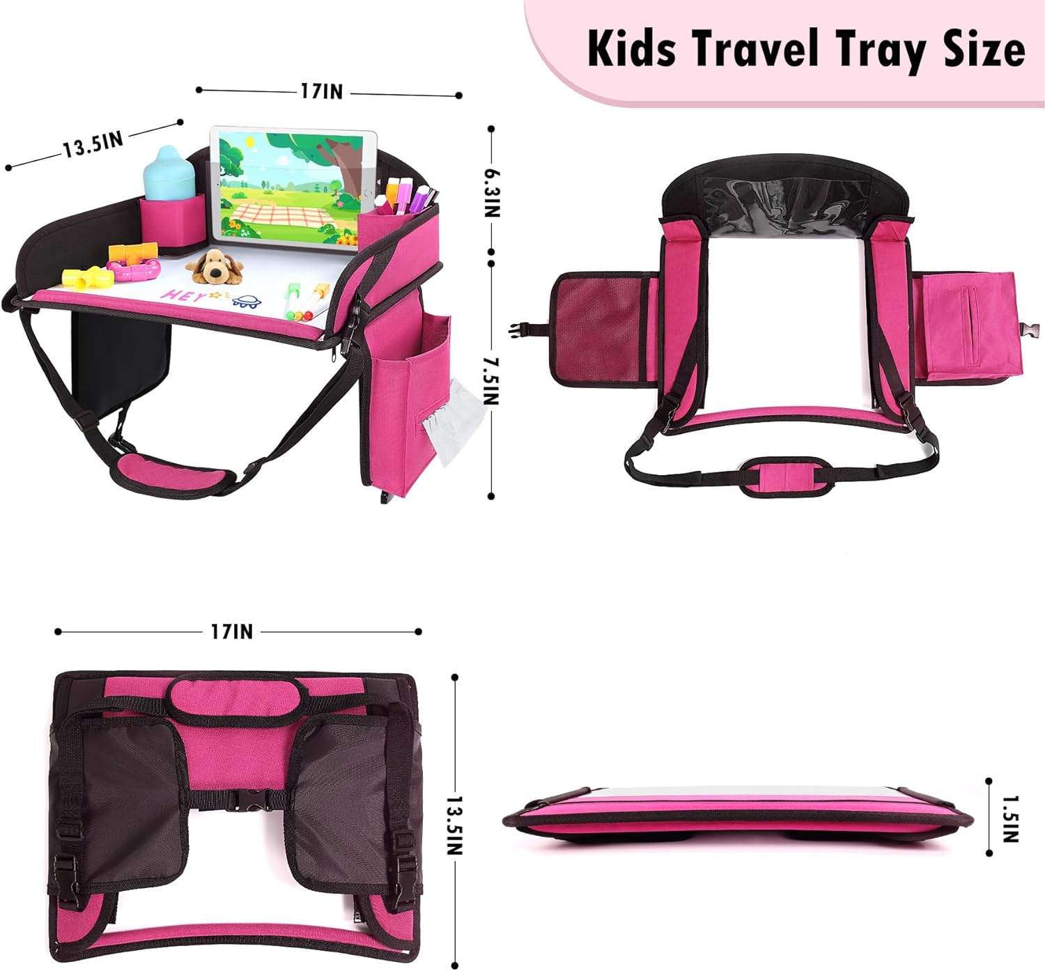 Kids Travel Tray, Travel Tray For Kids Car Seat, Toddler Road Trip Essentials With Drawing Kit, Carseat Tray For Kids Travel, Travel Activities Road Trip Must Haves For Kids (Pink)