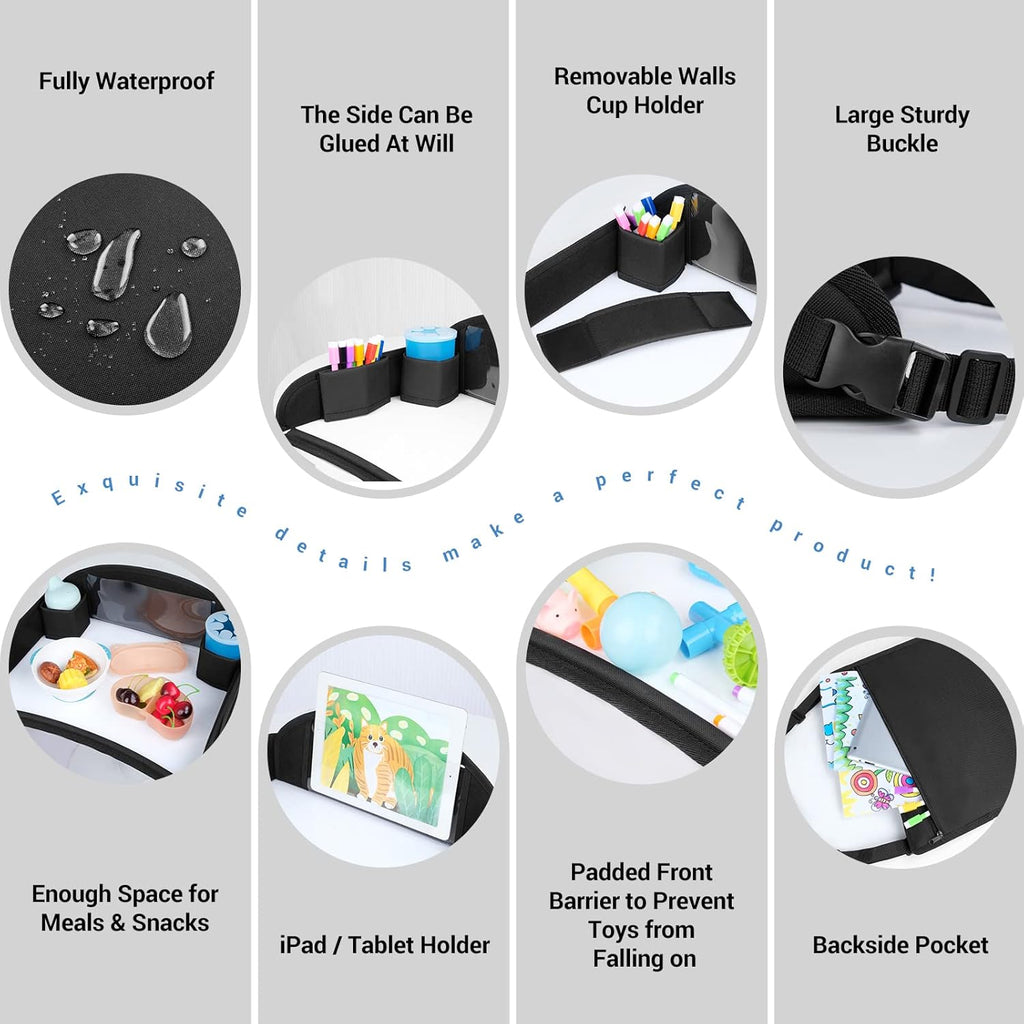 COOLBEBE Kids Travel Tray for Toddler Car Seat, Travel Tray for Airplane, Toddler Car Seat Lap Tray, Carseat Table Tray for Kids Travel Activities (Black-1)