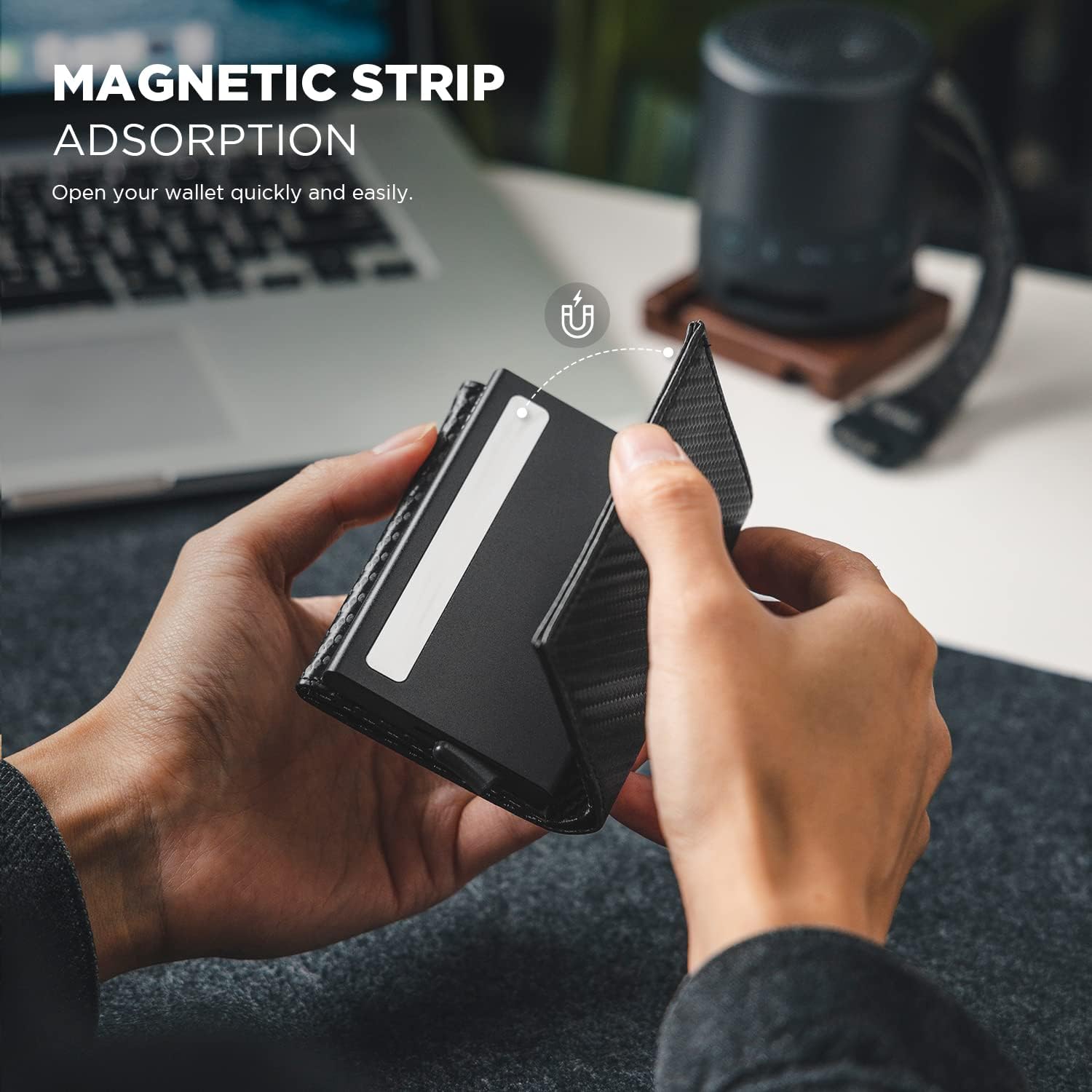 VULKIT Pop up Card Wallet Minimalist Cash Wallets RFID Blocking Leather Smart Credit Card Holder with ID window for Men(Carbon Black)