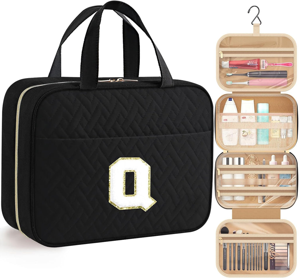 HOTOR Travel Toiletry Bag - Personalized Chenille Initial Makeup Bag, Water-Resistant Personalized Gifts for Women, Portable Travel Accessories & Essentials, Letter Q, Black, 11.4"×9.0"×3.35"