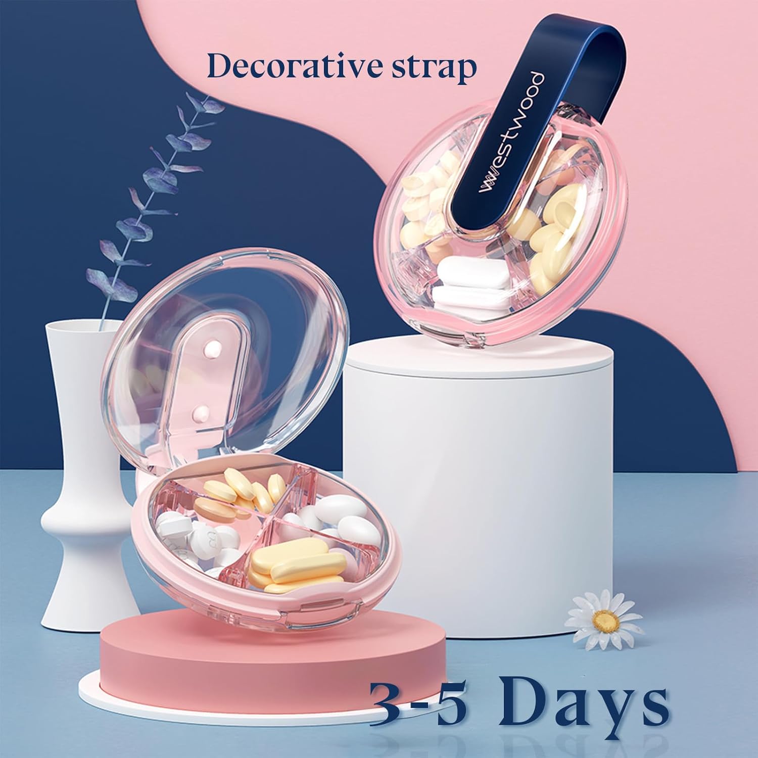 1 Pack Easy-to-Hold Small Round Pink Pill Organizer with Decorative Strap, 4 Compartments, Compact Travel Pill Box Case, Portable and Moistureproof to Store Vitamins, Medication and Supplements