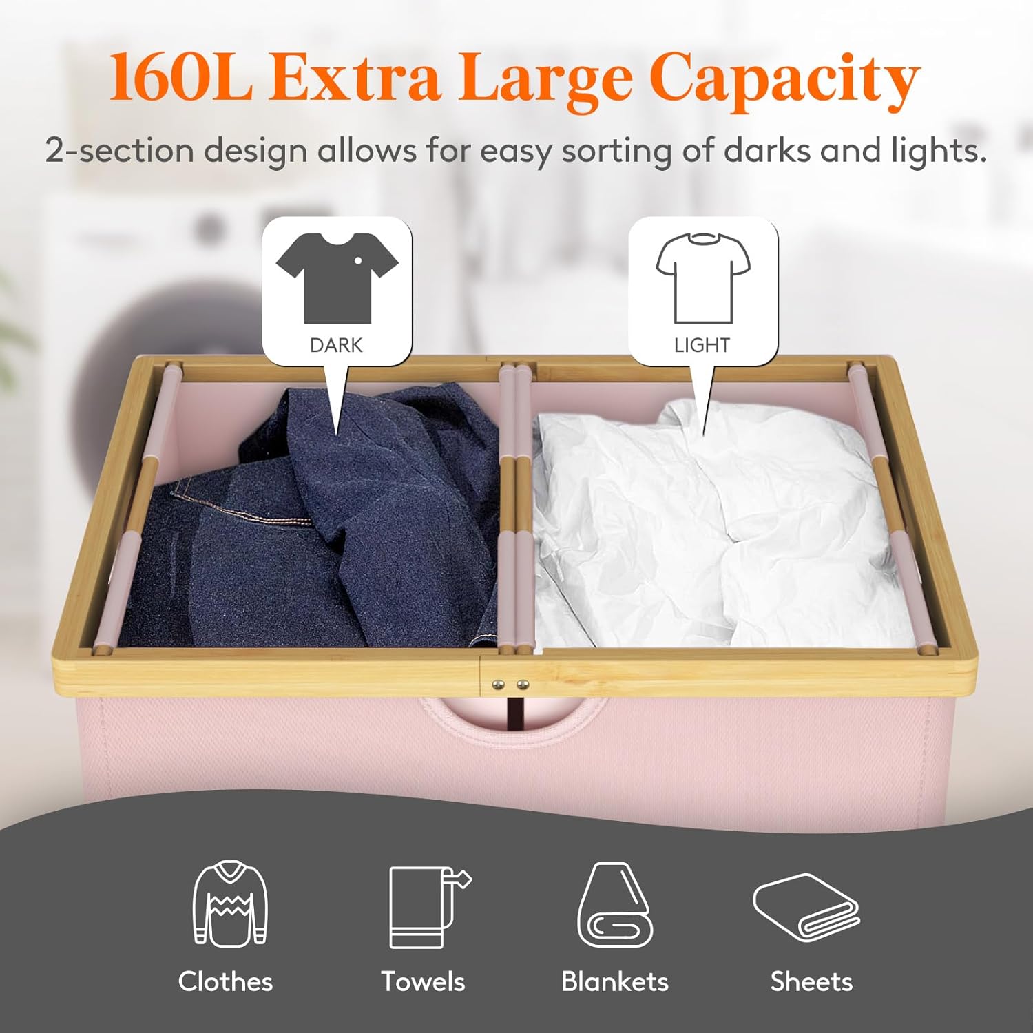 Lifewit 160L Double Laundry Hamper with Lid, Extra Large Bamboo Laundry Basket Dirty Clothes Hamper, 2 Section Laundry Bin Organizer for Laundry Room Bedroom with 2 Removable Liners & Bags, Pink