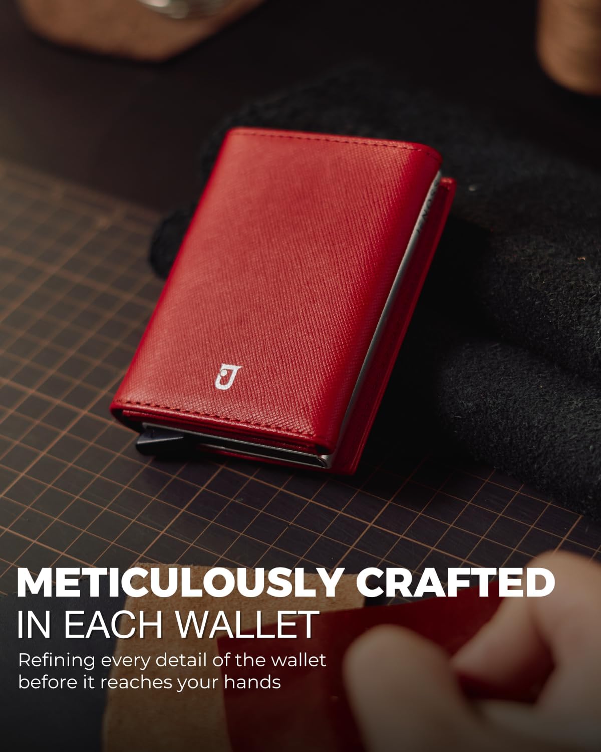 Jenoss Smart Wallet For Men & Women: Full Grain Leather, Handcrafted, Slide Metal Pop Up Case, Slim RFID Blocking Credit Card Holder Minimalist Compact 12 Cards Slot Organizers ID Clip (Red & Silver)