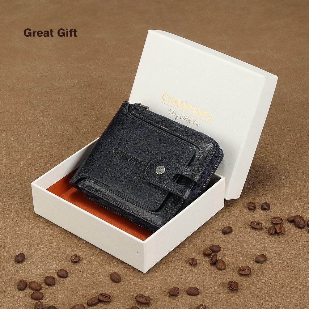 Men's brand buckle driver's license zipper genuine leather wallet, large capacity, multifunctional coin pocket (Bluish grey)