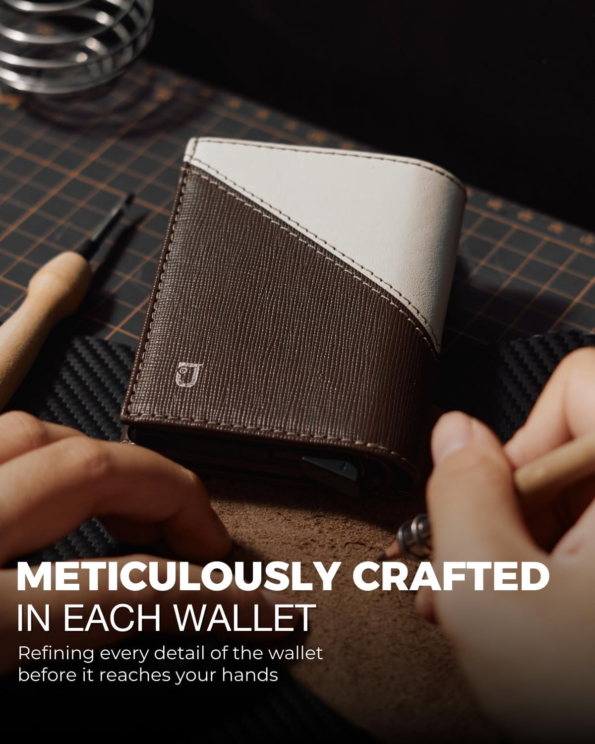 Jenoss Smart Wallet For Men: Full Grain Leather, Handcrafted, Slide Metal Pop Up Case, Slim RFID Blocking Credit Card Holder, Compact 12 Cards Slot Organizers, ID, Money Clip (Brown & Cream)