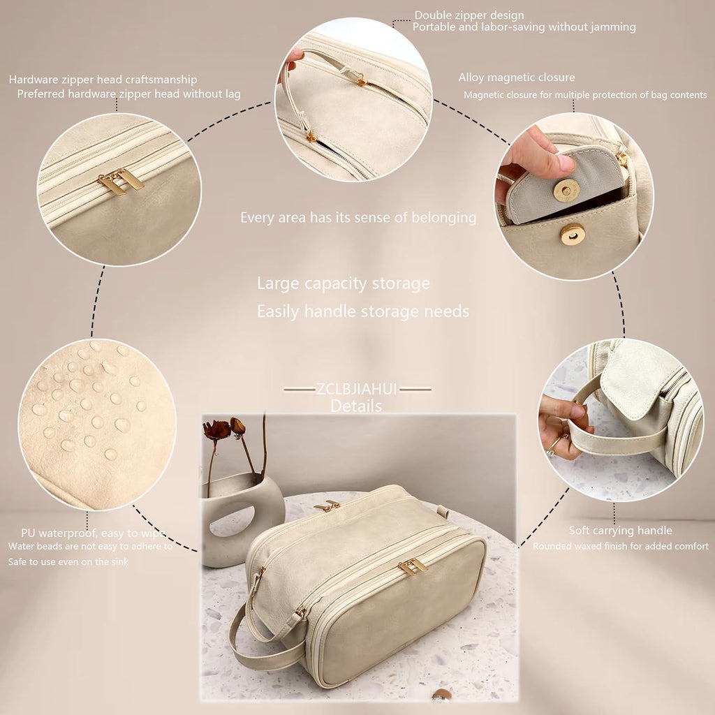 Travel Toiletry Bag for Women PU Triple-layer Double Zipper Toiletry Bags,Toiletries bag Women Waterproof with Handle Stowable Brushes, Toiletries Makeup for Business Trips Camping Bathroom Beige
