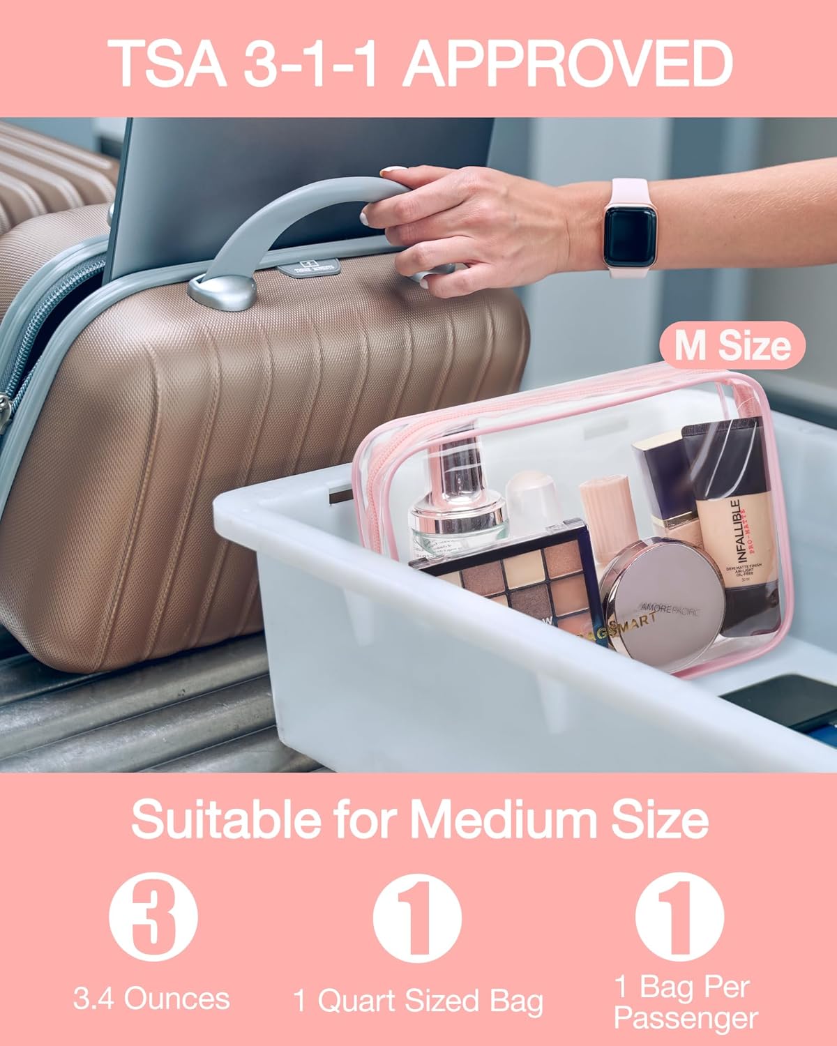 BAGSMART Clear Toiletry Bag, 2 Packs TSA Approved Water Resistant Quart Size Travel Organizer, 2 Sizes Airport Airline Travel Essential Carry On Makeup Cosmetic Bags for Women, Pink