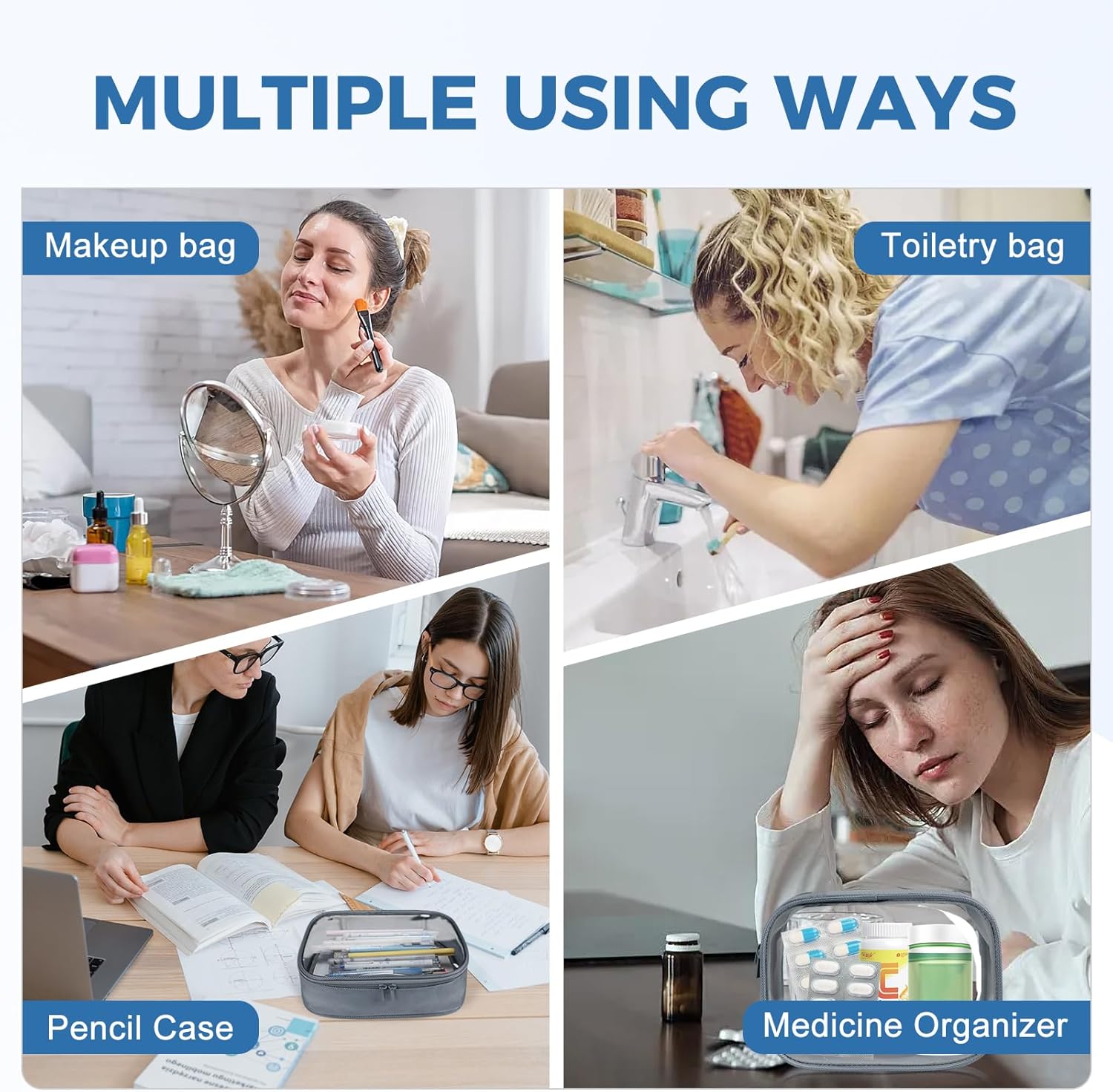 Moyad TSA Approved Clear Toiletry Bag, 3 Pack Quart Size 3-1-1 Liquids Pouch for Travel, Transparent Makeup & Cosmetic Organizer for Women Men, Grey