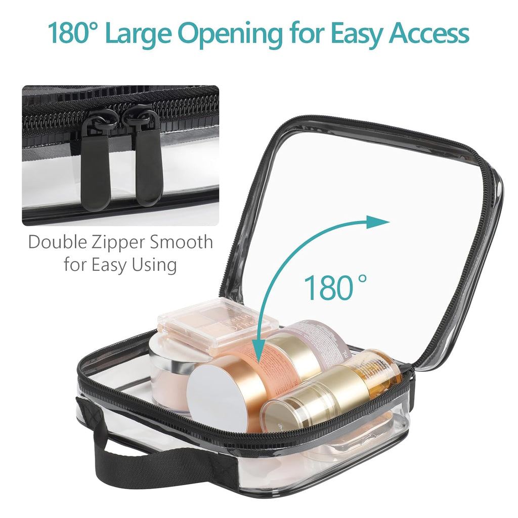 PACKISM Clear Makeup Bag - 2 Pack TSA Approved Toiletry Bag with Handle and 180° Large Opening, Clear Toiletry Bag Fit Carry-on Travel Essential, Travel Bags for Toiletries, Black