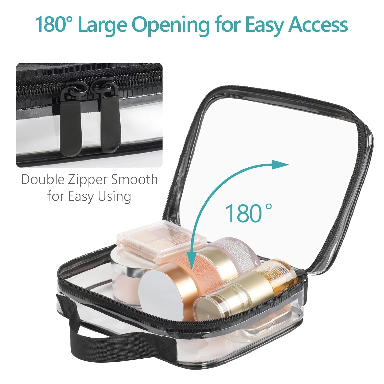 PACKISM Clear Makeup Bag - 2 Pack TSA Approved Toiletry Bag with Handle and 180° Large Opening, Clear Toiletry Bag Fit Carry-on Travel Essential, Travel Bags for Toiletries, Black