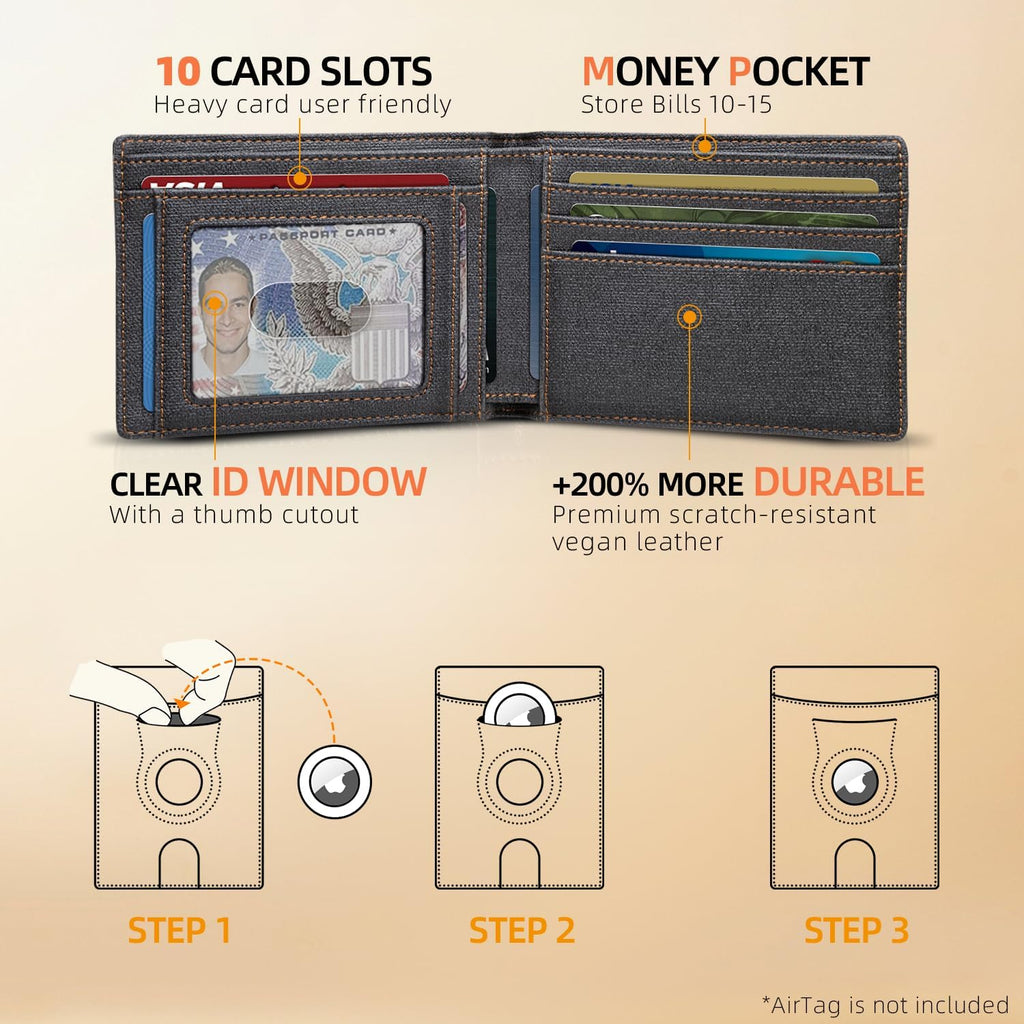 RUNBOX AirTag-Wallet-Mens-Slim-RFID Blocking Wallets Leather with Bill Compartment Air Tag Bifold Card Holder Wallet Gifts for Men Dad