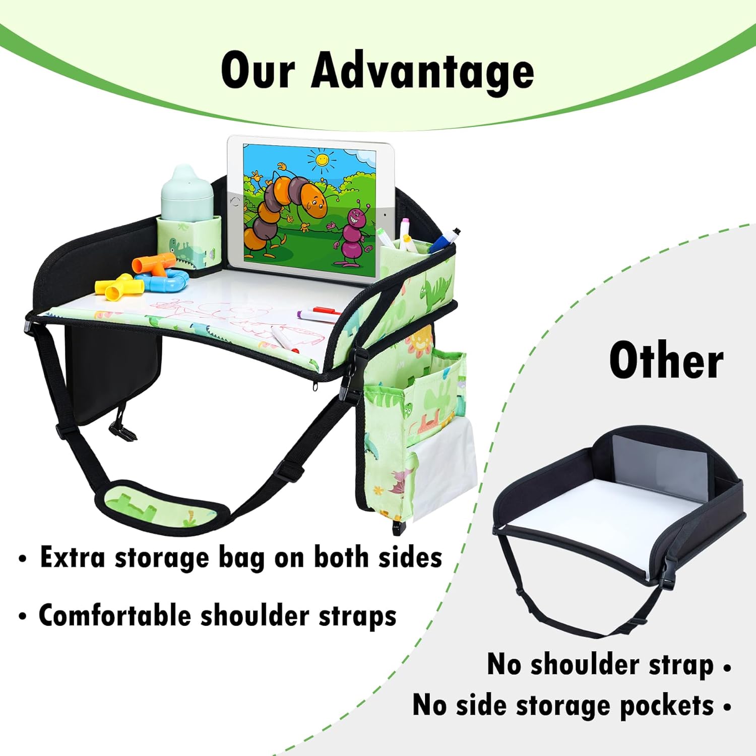 Kids Travel Tray, Travel Tray for Kids Car Seat, Toddler Car Seat Lap Tray, Carseat Tray for Kids Travel, Carseat Table Tray for Kids Travel Activities (Green)