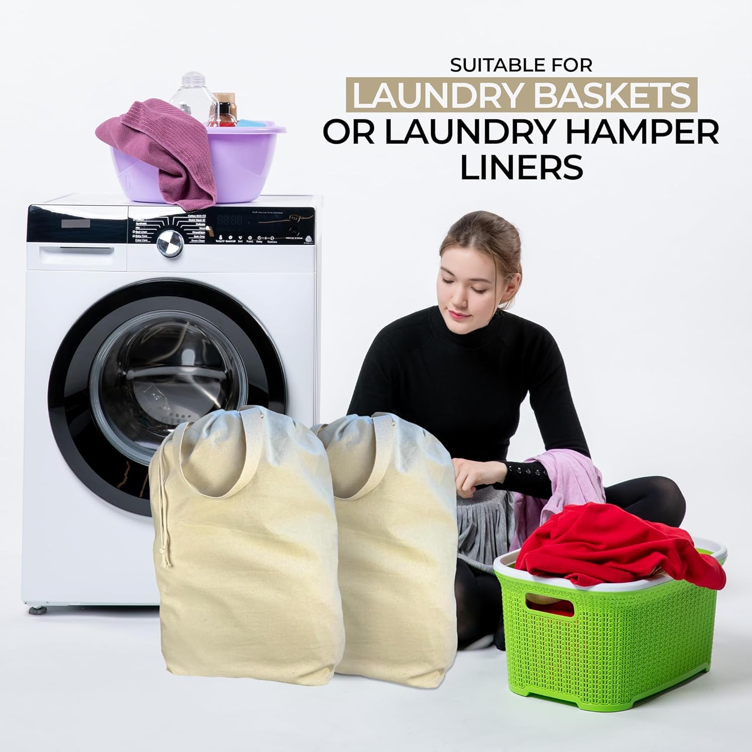 SET of 2-100% Cotton Laundry Bags Extra Large Heavy Duty, Canvas Laundry Bag with 2 Handles and Drawstring, College Laundry Bag, Washable, made in USA.