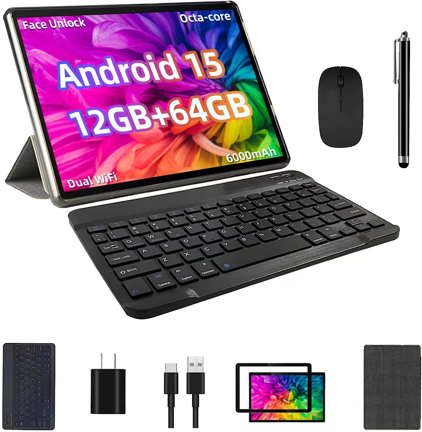 2025 Android 15 Tablet, 12GB+64GB+1TB Expand, 10inch Tablet Productivity Bundle with Keyboard Case, Stylus Pen, Octa-core CPU, Dual Camera, WiFi6, 6000mAh Battery+18W Fast Charge, Support Face Unlock