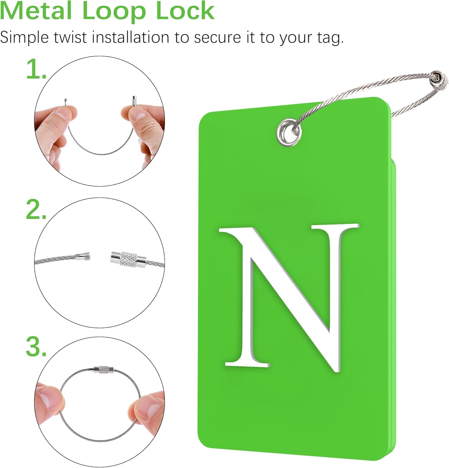 Gostwo 2 Pack Luggage Tags for Suitcases, 26 Initial Letter Travel Luggage Baggage Identification Labels ID Tag Fully Bendable Tags with Stainless Steel Loop (Green) (Letter N)