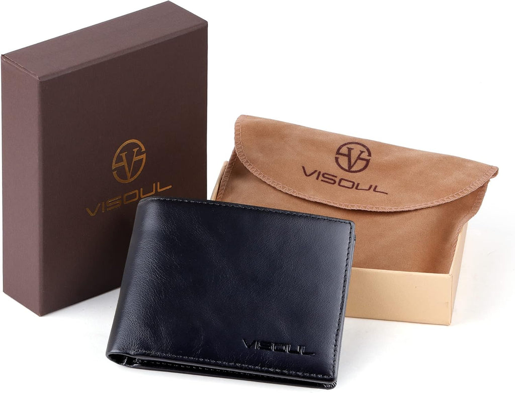 VISOUL Leather Mens Bifold RFID Blocking Wallet with 2 ID Windows, Leather Wallet for Men (Leather, Black)