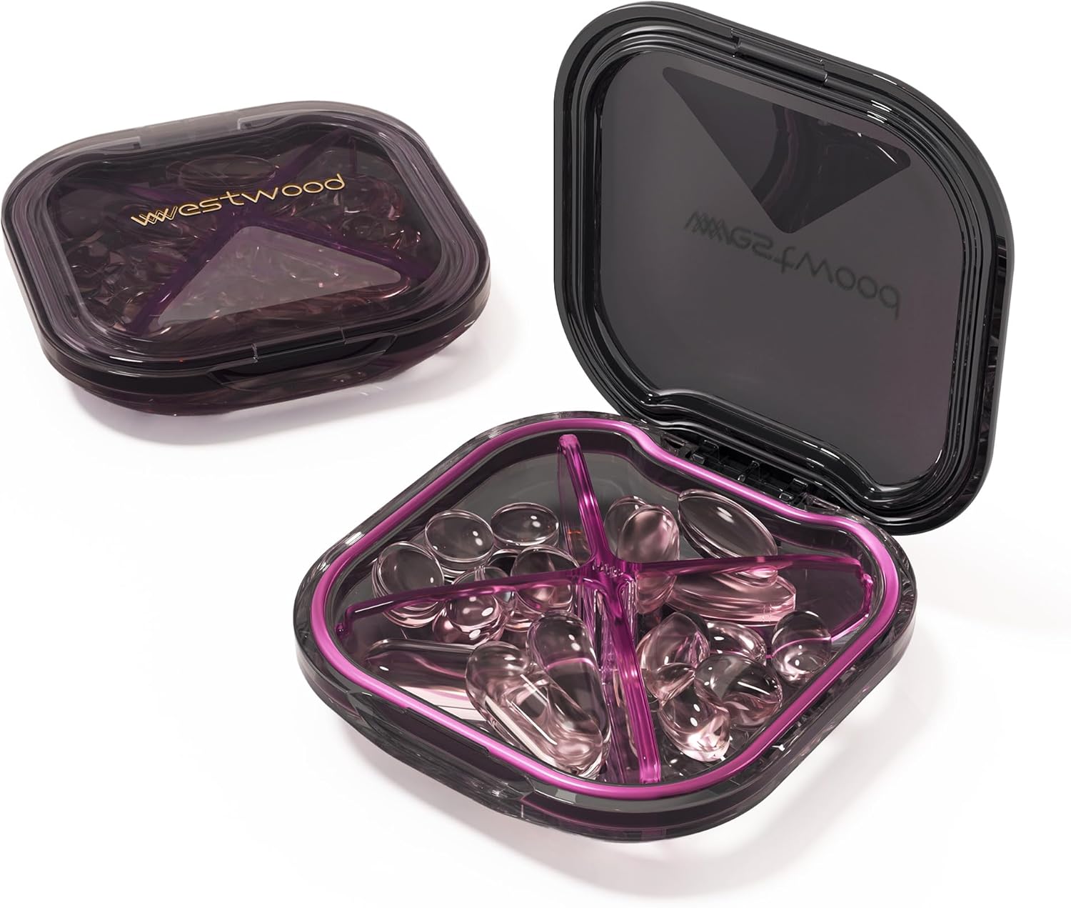 1 Pack Small Purple Pill Organizer, 4 Compartments, Compact Stylish Cute Travel Camping Pill Box Daily Medicine Pill Case, Portable and Moistureproof to Store Vitamins, Medication and Supplements