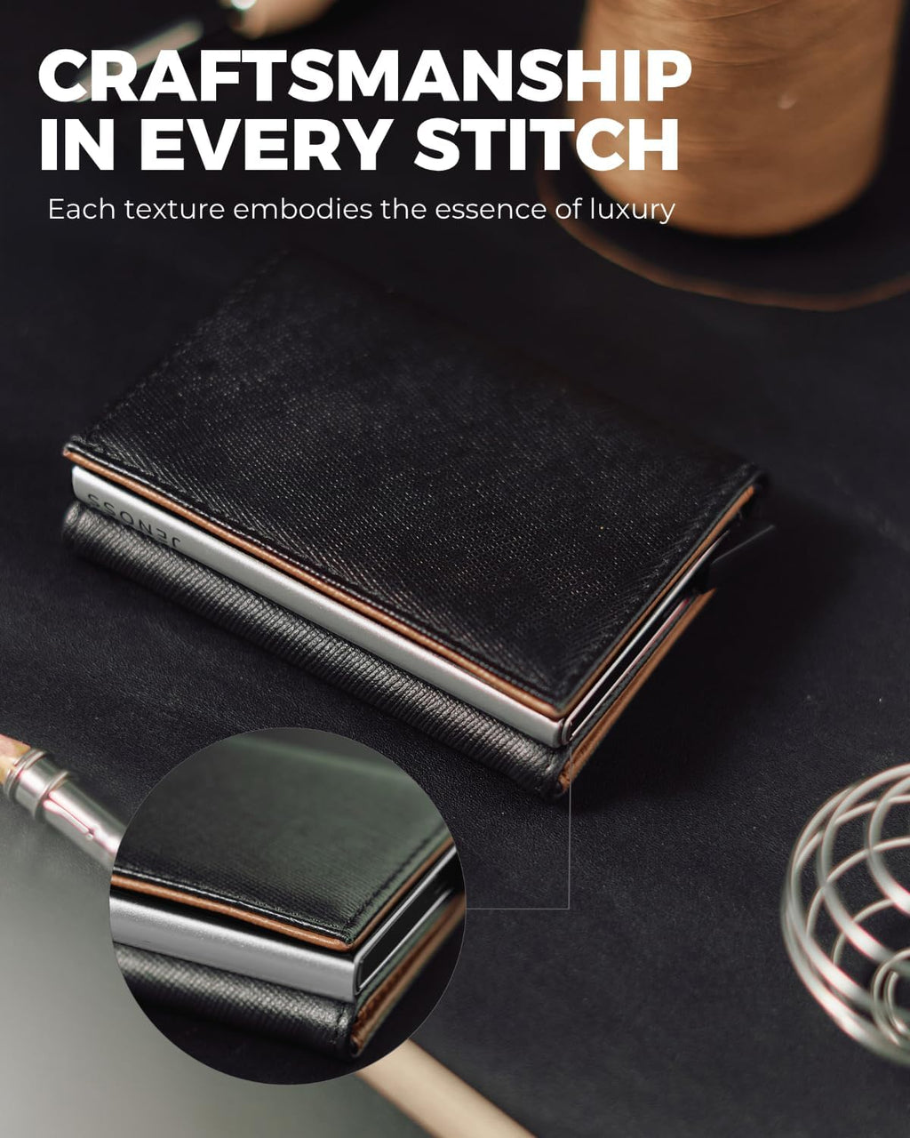 Jenoss Smart Wallet For Men: Full Grain Leather, Handcrafted, Silver Metal Pop Up Case, Slim RFID Blocking Credit Card Holder, Minimalist Compact 12 Cards Slot Organizers ID Money Clip (Black & Brown)