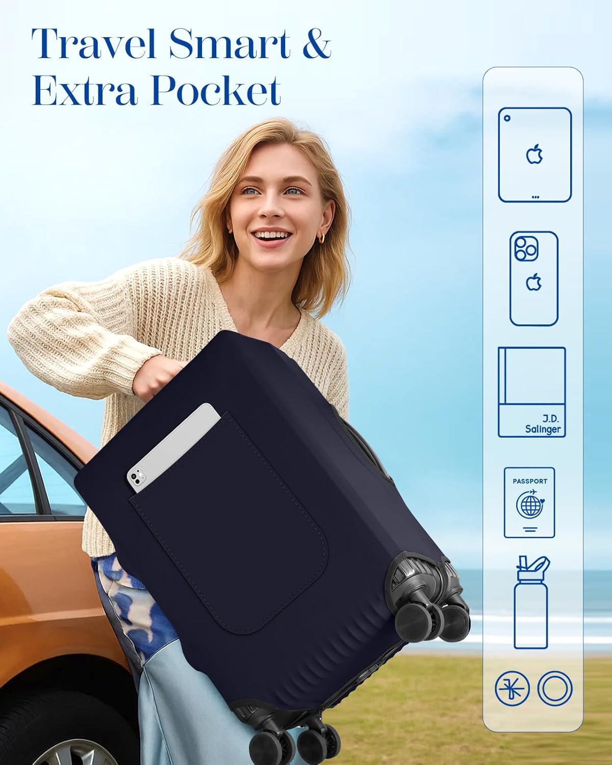 Slohif Luggage Cover for Suitcase Tsa Approved Protector - Luggage Sleeve Suit Case Cover Travel Stretch Large Baggage Case Protective Washable Fit 22-24 Inch Navy Blue