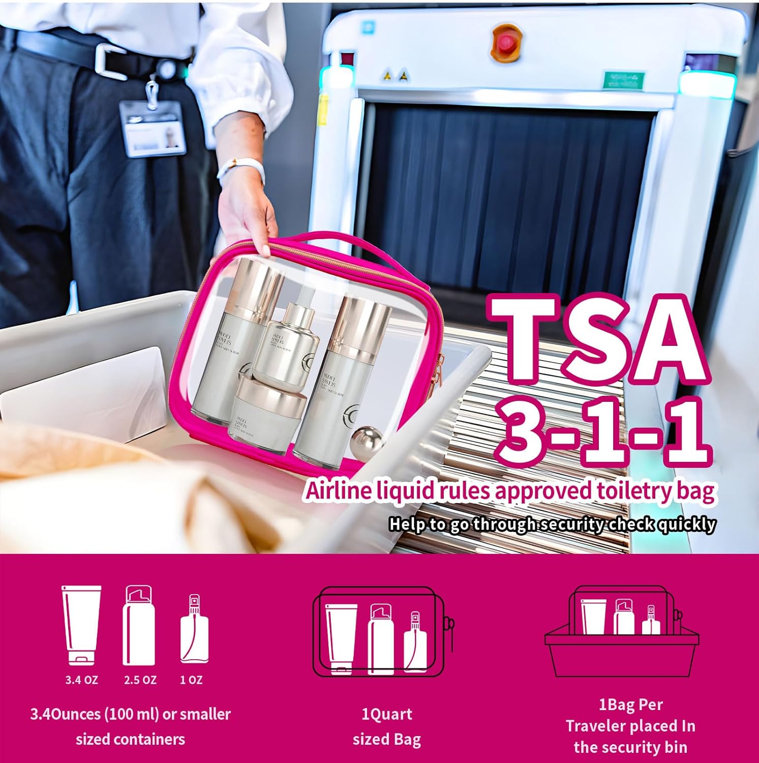 TSA Approved Travel Toiletry Bag,2 Pack Clear Makeup Bags with Handles,Quart Size Clear Cosmetic Bags for Traveling Women,Men,Carry on Airport Airline Compliant Bag,Rose Red