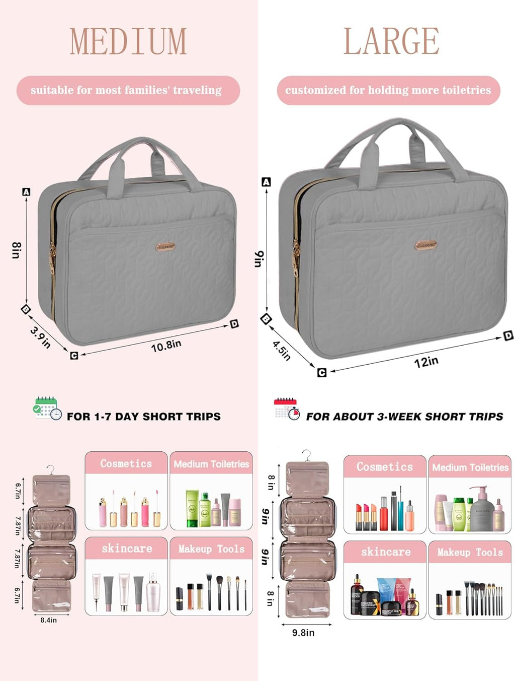 Grey Toiletry Bag, Makeup Organizer, Travel Bag For Women Mens Toiletries, Waterproof with Hanging Hook, Large Capacity
