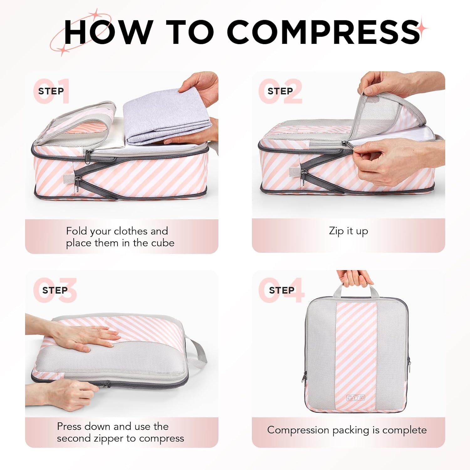 10 Set Compression Packing Cubes for Travel Essentials,Compressible Expandable Packing Cubes for Suitcase,OlarHike Luggage Organizer Bags for Travel,Handy Helper for Organizing Clothes(Pink Stripped)