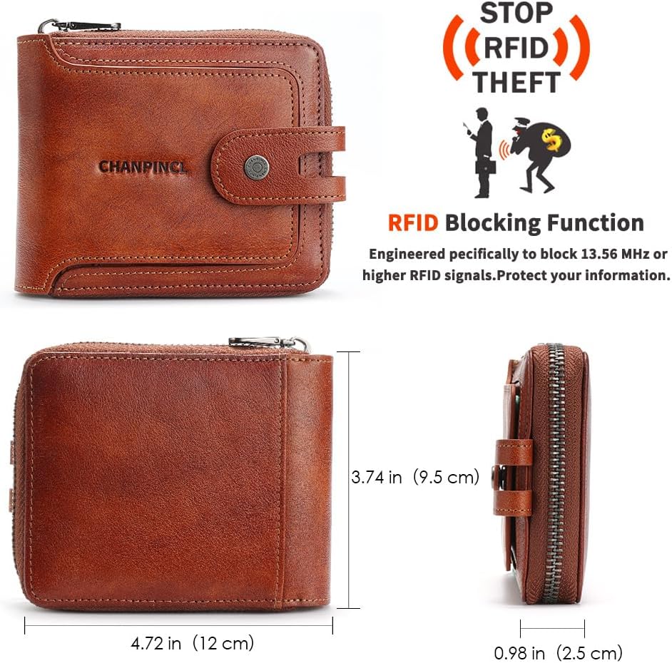 Men's brand buckle driver's license zipper genuine leather wallet, large capacity, multifunctional coin pocket (Yellowish brown)