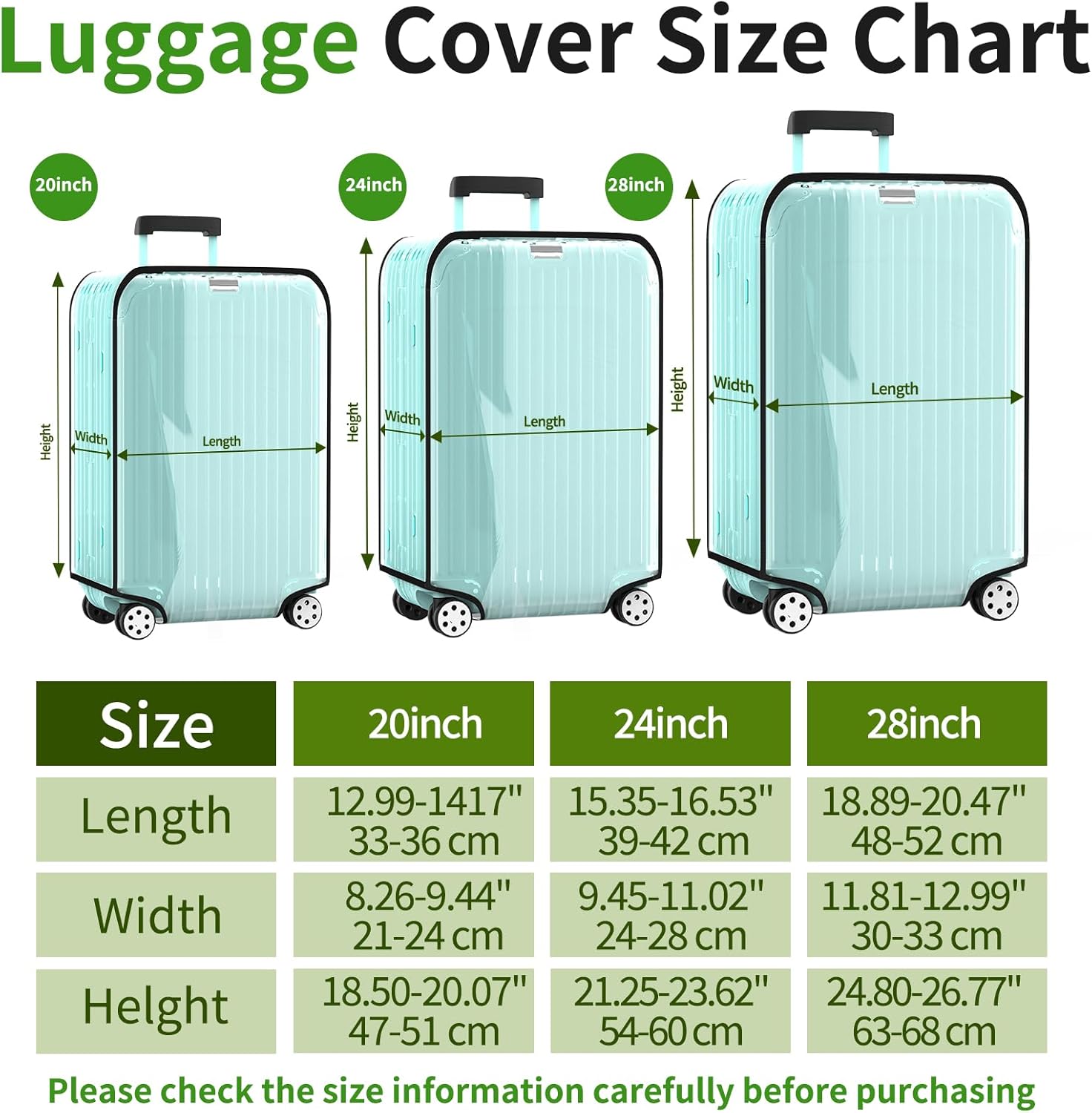 3 Pieces Clear Luggage Cover Protectors, 0.4mm Thicken PVC Suitcase Covers for Luggage, 20"+24"+28" Waterproof Dustproof Anti-scratch Travel Luggage Sleeve for TSA Approved