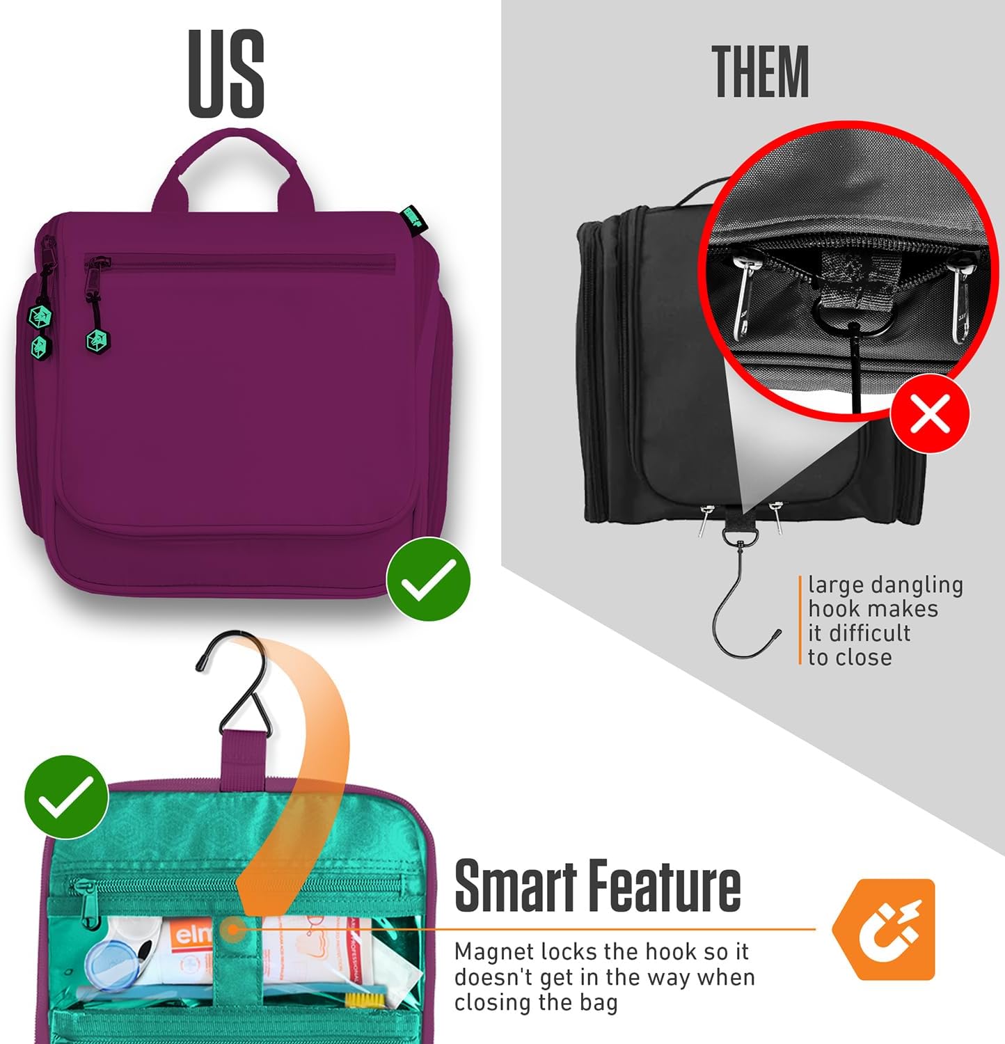 VENTURE 4TH Hanging Travel Toiletry Bag for Women & Men - Travel Organizer with Expandable Compartments & Removable Clear Pouch for Toiletries (Purple/Mint)