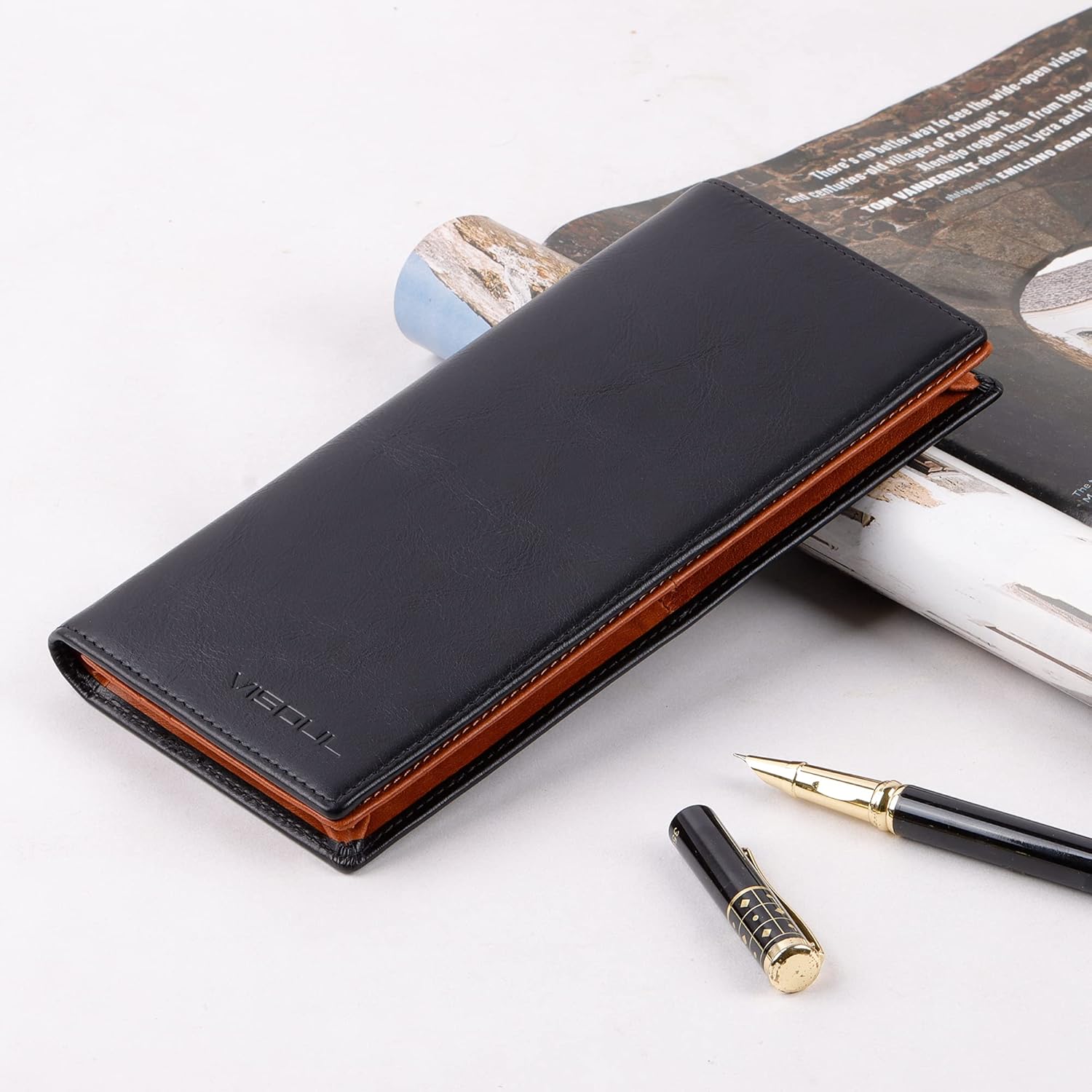 VISOUL Mens Leather Long Bi-fold Checkbook RFID Blocking Wallets, Breast Pocket Tall Billfold Secretary Wallet for Men with 12 Card Slots (Black and Orange)