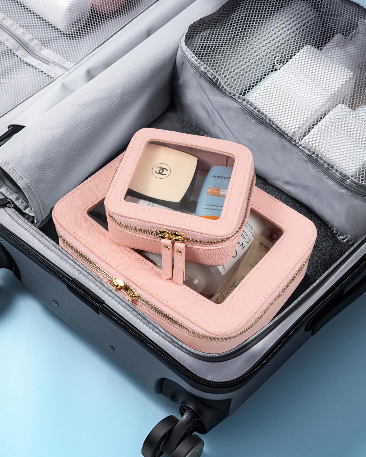 LETGO Clear Makeup Bags Set - TSA Approved Toiletry Bag with Handle Large Opening, Clear Toiletry Bags Case Pouch for Traveling Travel Car Orangizer Storage Essentials (Mini+Large Pink)