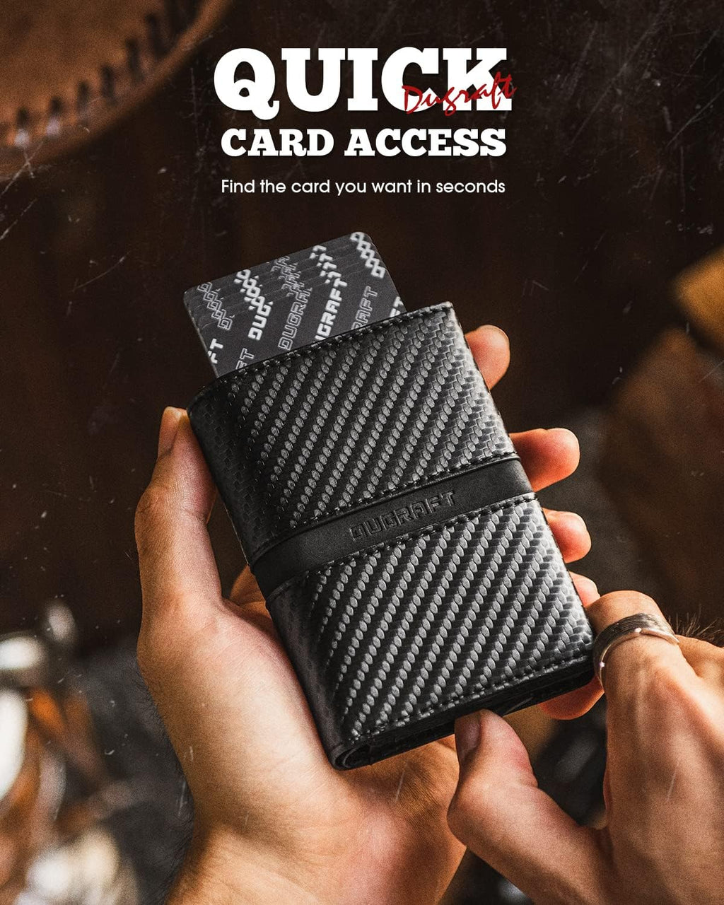 DUGRAFT Mens Wallet for Max.11 Cards with Pop Up Credit Card Ejector Case RFID Blocking, Bills/Cash Compartment and ID Window, Giftbox Packed, Carbon Fiber Black