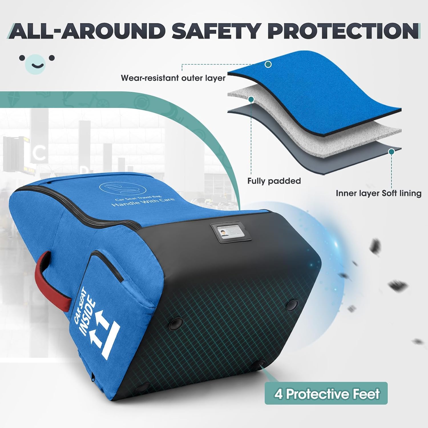 RAINSMORE Padded Car Seat Travel Bag for Airplane Heavy Duty Car Seat Backpack for Air Travel Baby Carseat Cover Bags for Airport Large Car Seats Carrier Fits Car Seats & Booster Seats,Blue