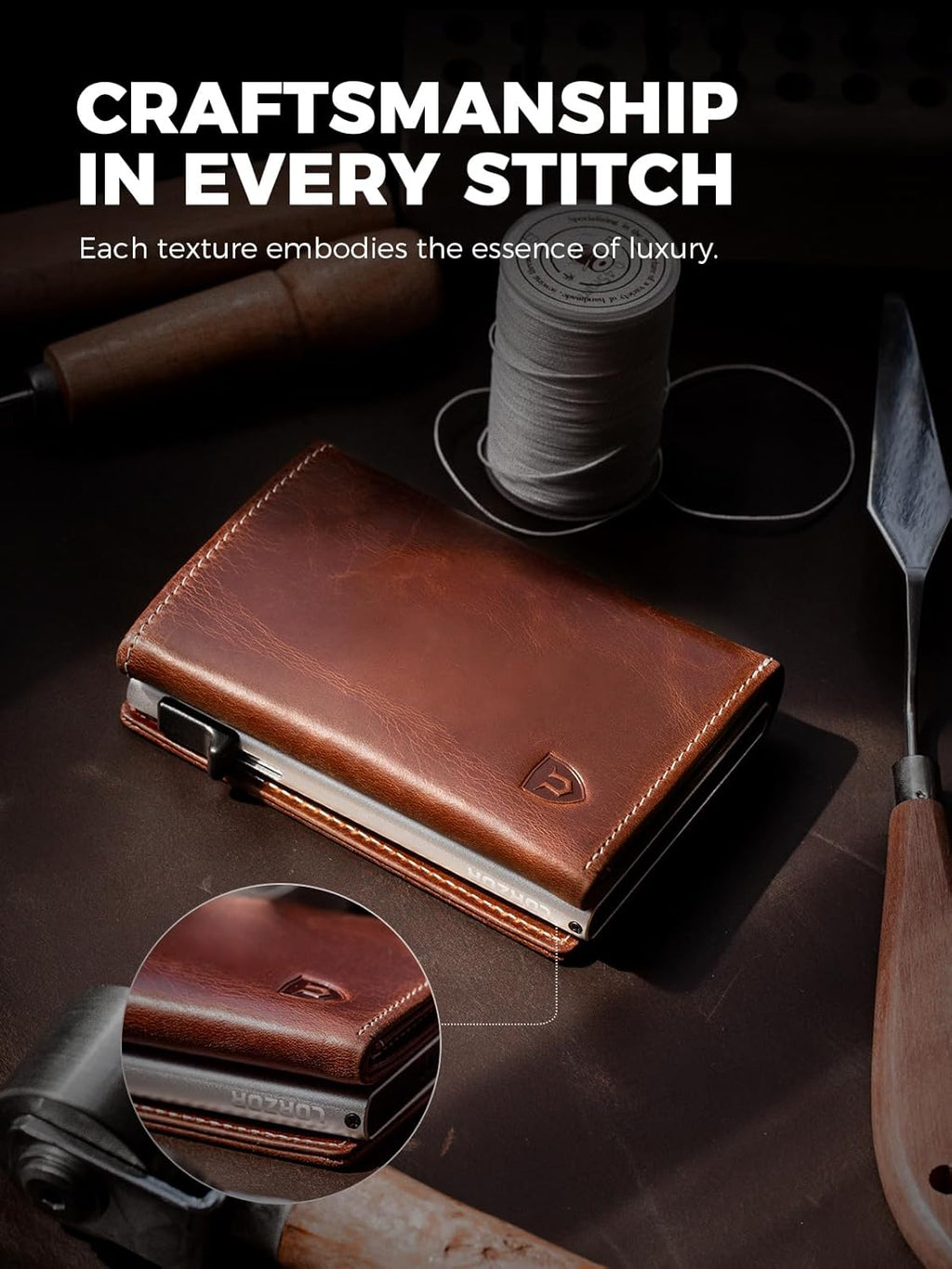 LORZOR Wallet for Men with Metal Card Holder, Pop Up Wallet, Finest Full Grain Leather Trifold Wallet, Smart, Minimalist, RFID Blocking, Front Pocket, ID Window, VintageBrown/Silver