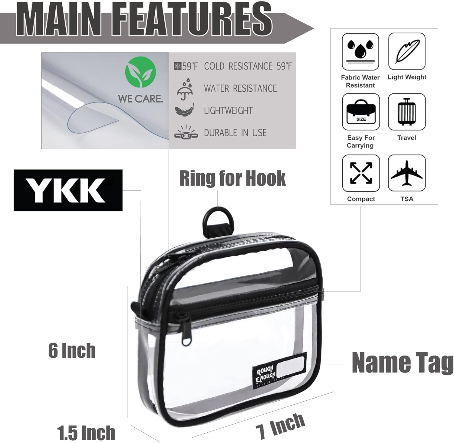 Rough Enough Clear Quart Size TSA Approved Toiletry Bag Small with Keychain for Travel Size Toiletries