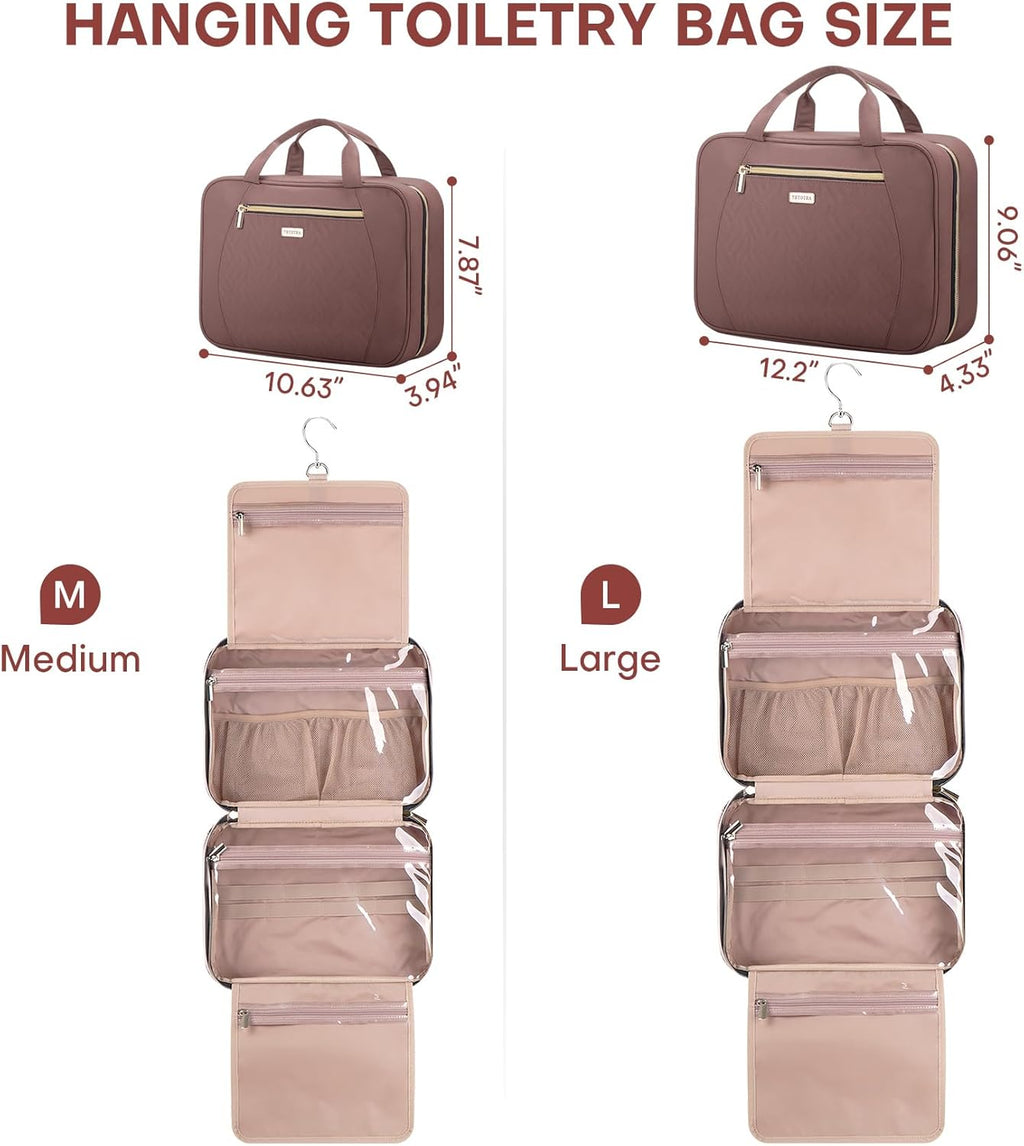 Hanging Toiletry Bag for Women Travel, 2 Sizes Large & Small Waterproof Cosmetic Organizer with 4 Compartments, Rotating Hook, Foldable Pink Travel Bag for Toiletries & Makeup Red Sandalwood