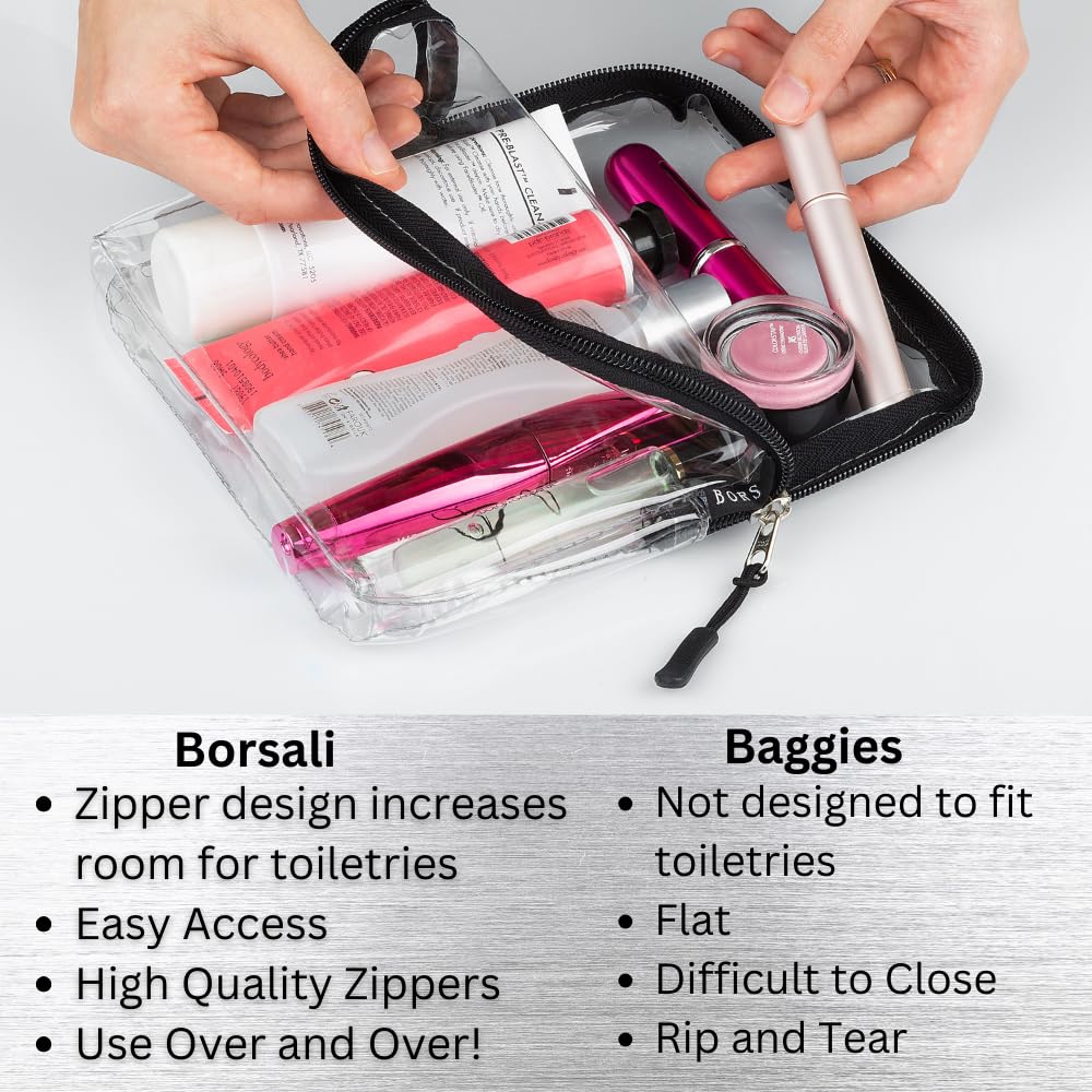 BORSALI Clear Travel Bags for Toiletries - TSA Clear Toiletry Bag for Traveling, Cosmetics, Carry on 3-1-1 Liquids & Other Items - TSA-Approved Quart Size For Luggage, Purse or Car - Gray