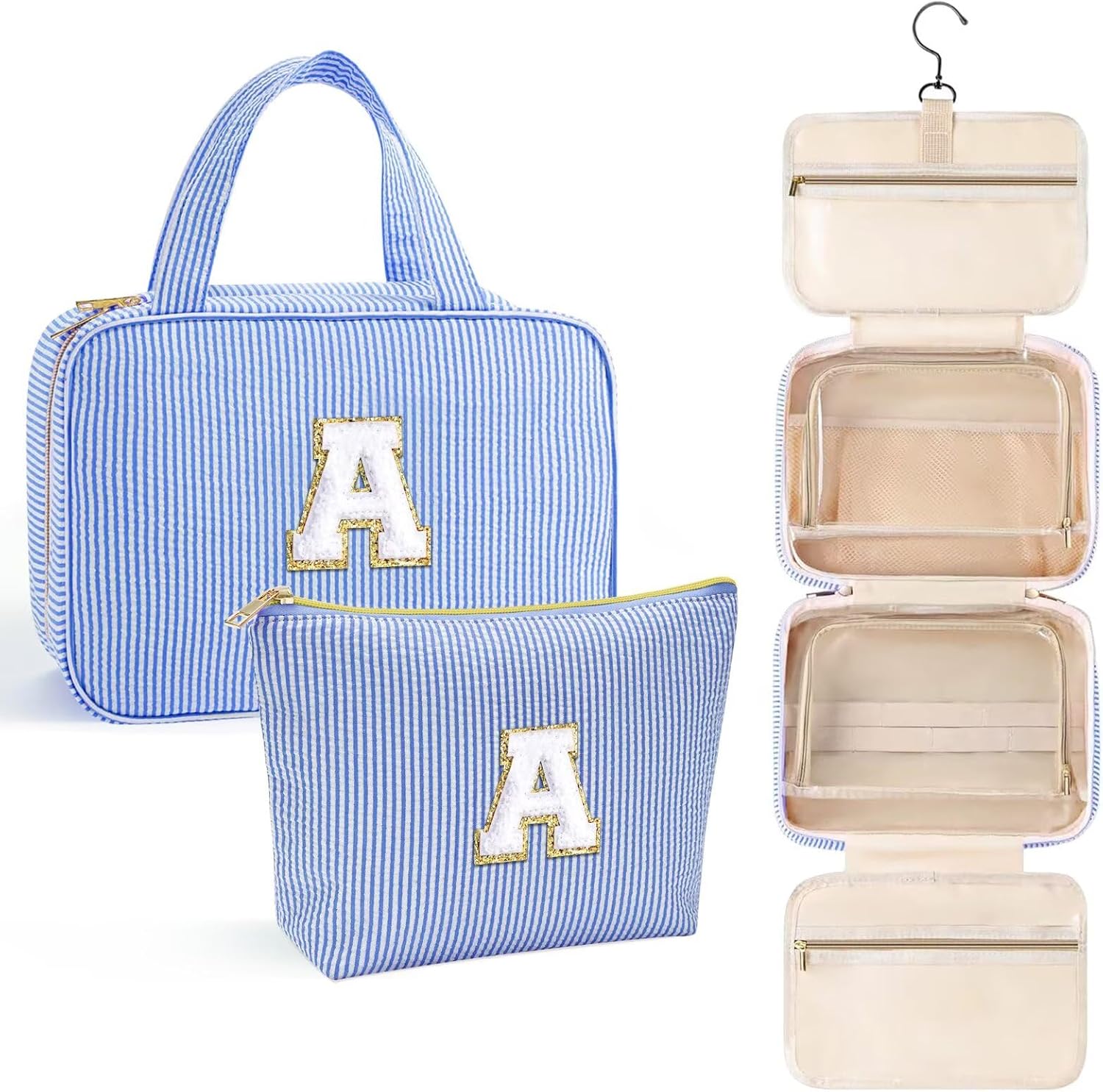 YOOLIFE Hanging Toiletry Bag Makeup Bag for Women Girls, Initial Toiletry Bag Cosmetic Bag, Personalized Birthday Gifts for Women Teen Girls, Letter A, Blue