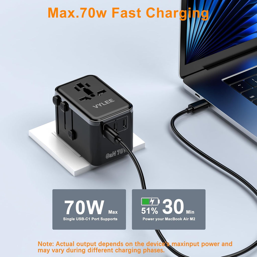 Universal Travel Adapter, VYLEE 70W International Plug Adapter with PD Fast Charging, 5-Port (1 AC/1 USB-A/3 USB-C), Wall Charger Worldwide Travel Essentials Plug for USA EU UK AUS Japan (Black)