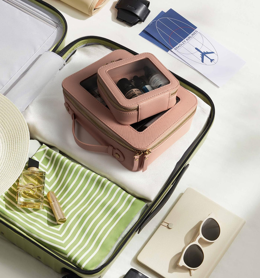 LETGO Clear Makeup Bags Set - TSA Approved Toiletry Bag with Handle Large Opening, Clear Toiletry Bag Pouch for Traveling Travel Car Orangizer Storage Accessories Essentials (Mini+Large Dark Skin)