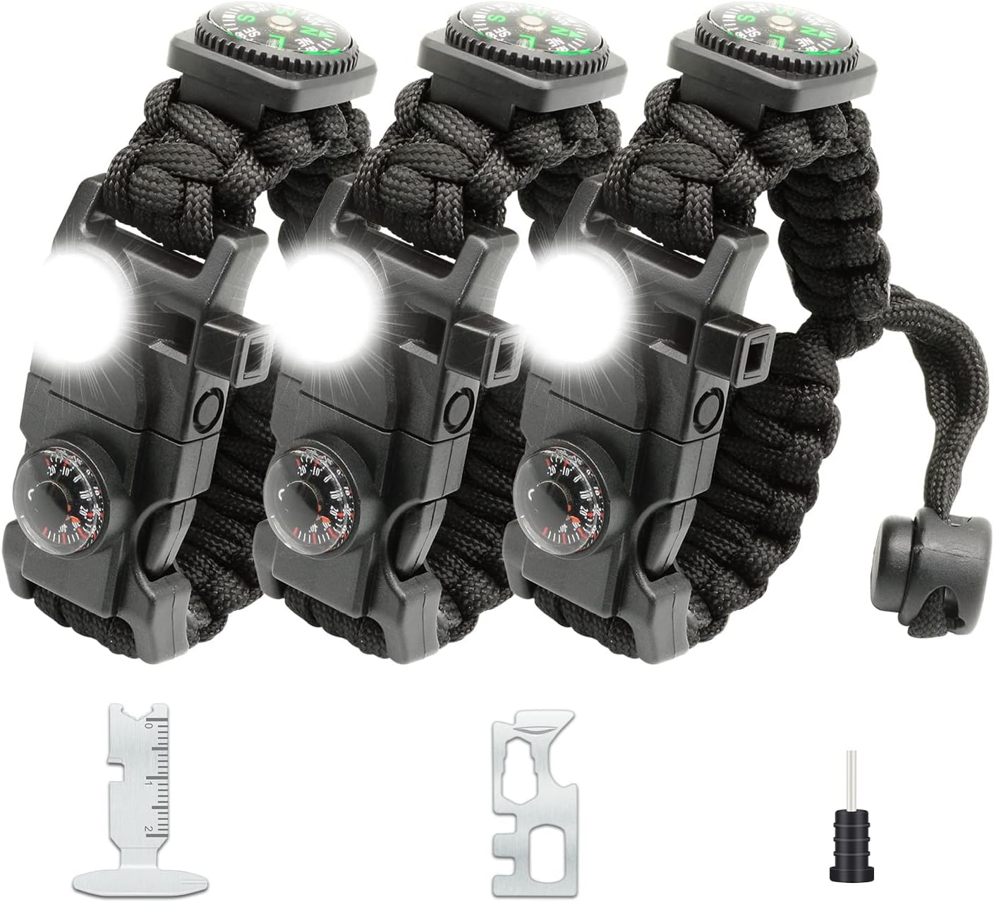 20 in 1 Survival Paracord Bracelet Adjustable Gear Kit with SOS LED Light, Fire Starter, Bigger Compass, Survival Whistle, Perfect for Camping, Hiking, Fishing