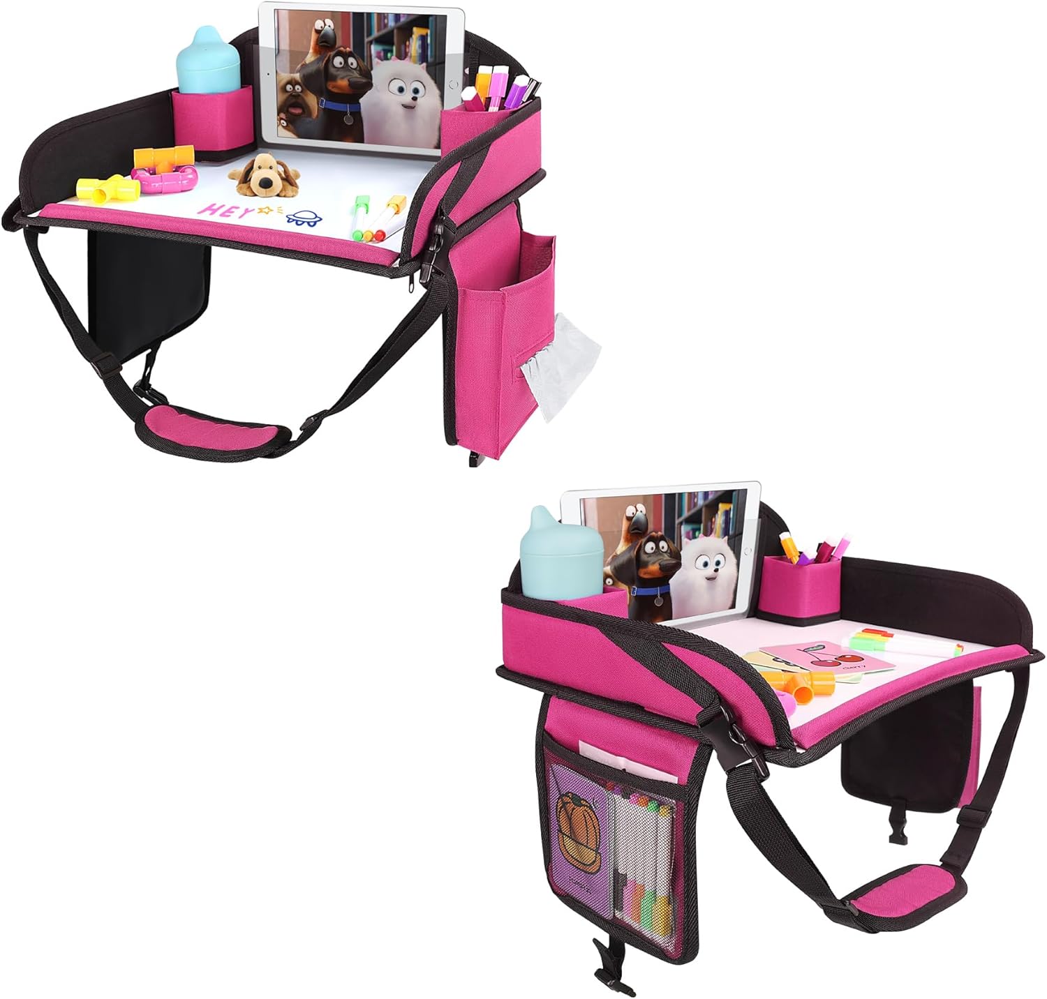 Kids Travel Tray, Travel Tray For Kids Car Seat, Toddler Road Trip Essentials With Drawing Kit, Carseat Tray For Kids Travel, Travel Activities Road Trip Must Haves For Kids (Pink-2PCS)