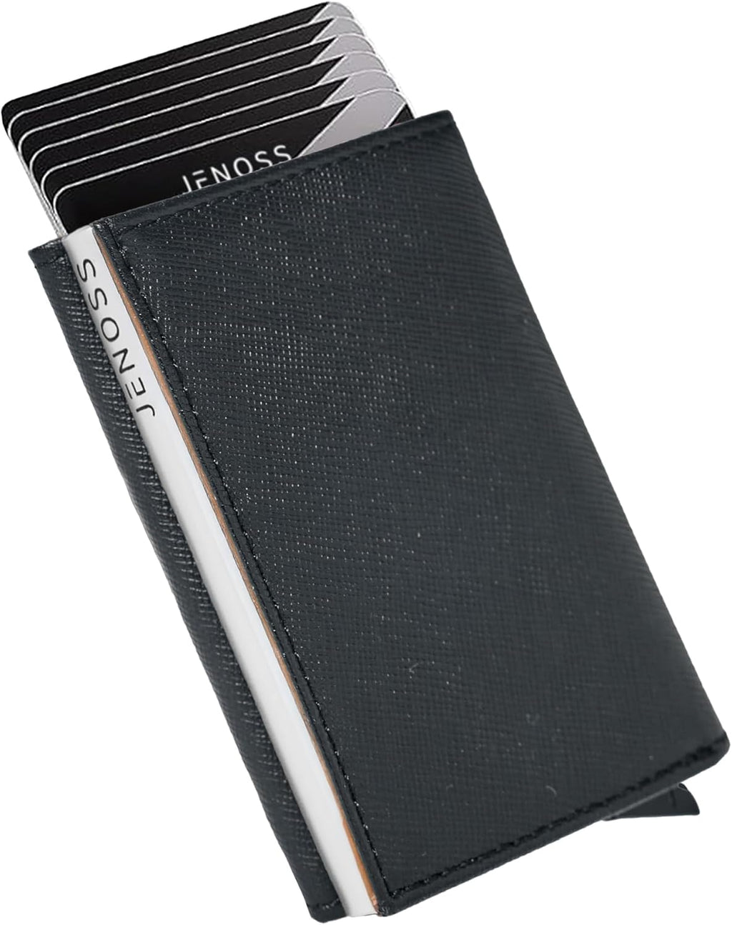 Jenoss Smart Wallet For Men: Full Grain Leather, Handcrafted, Silver Metal Pop Up Case, Slim RFID Blocking Credit Card Holder, Minimalist Compact 12 Cards Slot Organizers ID Money Clip (Black & Brown)