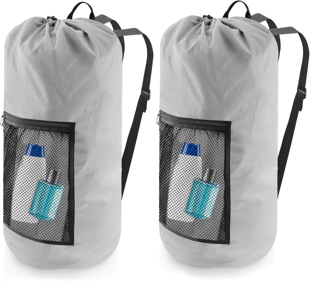 Laundry Bag Backpack, 2PCS Extra Large Travel Laundry Bag with Mesh Pocket & Adjustable Shoulder Straps,Dirty Clothes Travel Bag for College Students Dorm,Apartment(Light Gray)