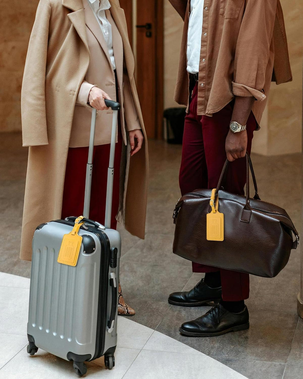 Teskyer Luggage Tags for Suitcases, TSA Approved with Privacy Protection Cover, Premium Faux Leather Bag Tags for Travel - 4 Pack, Yellow