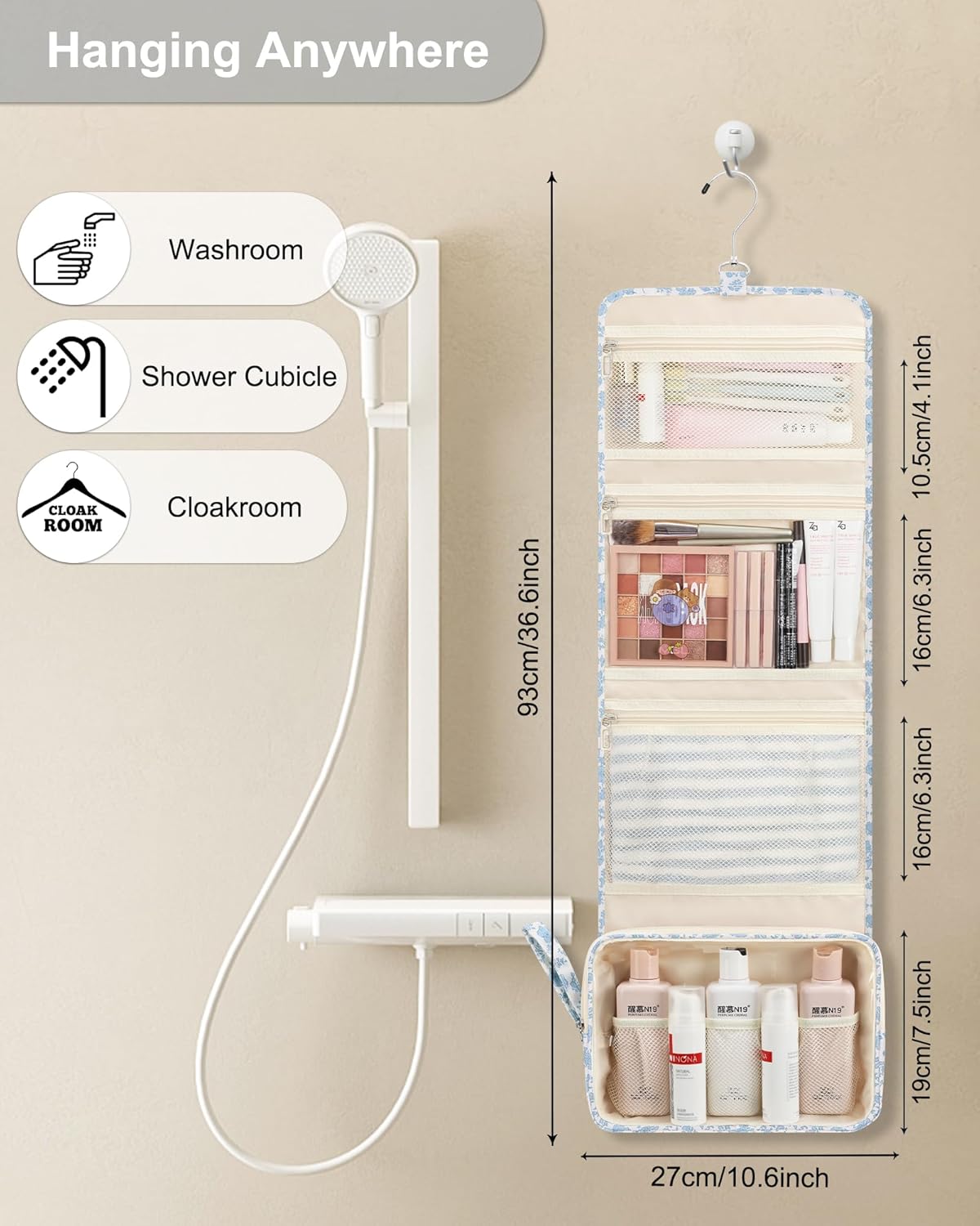 Hanging Toiletry Bag, Travel Toiletries Bag with Hanging Hook, Water Resistant Makeup Cosmetic Organizer for Full Sized Container, Shampoo, Portable Wash Bag for Travel Size Essentials - Blue Flower