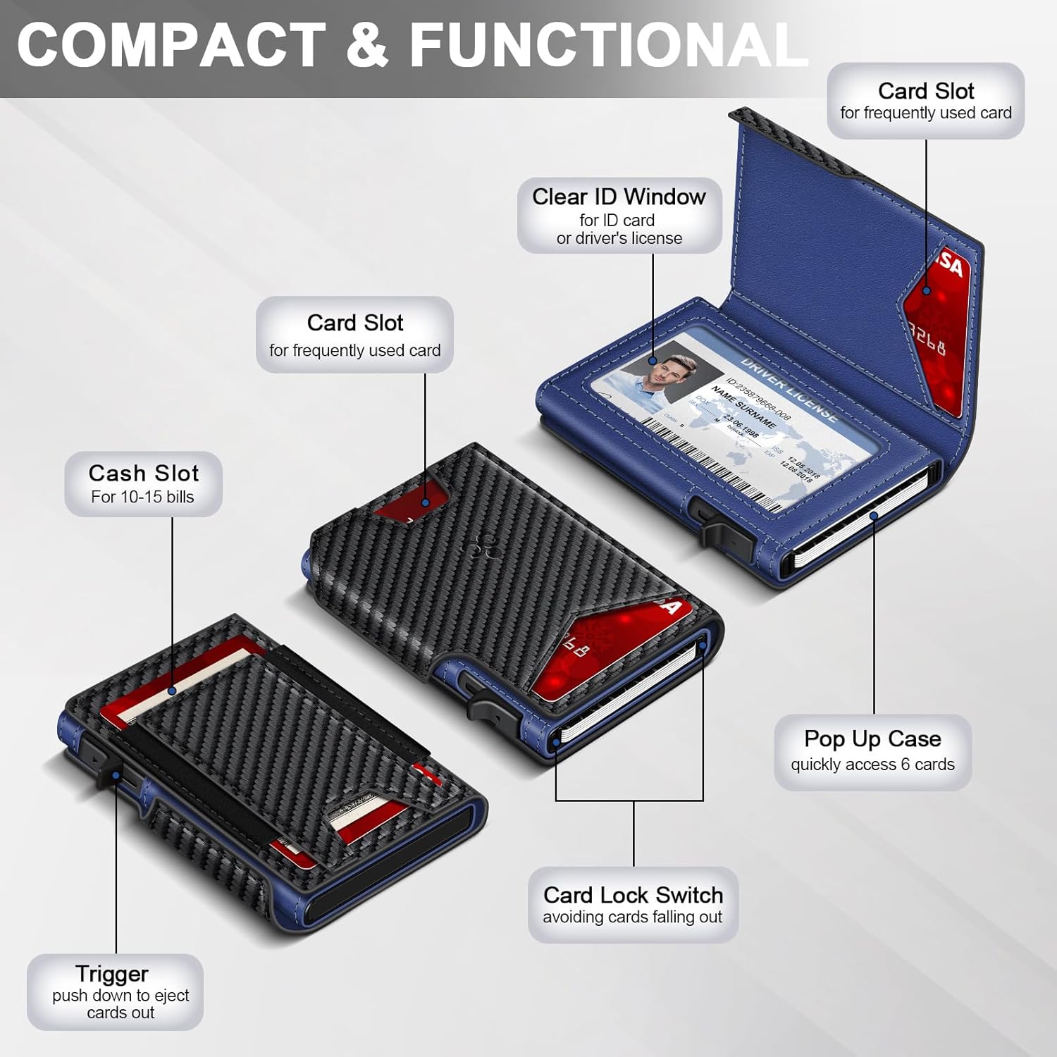 Wallet for Men Wallet with Slim Pop Up Card Holder 9-13 Cards, Bifold Minimalist Smart Wallet RFID Blocking Credit Card Holder with ID Window & Stretchable Cash Slot Compact Metal Aluminum Card Case