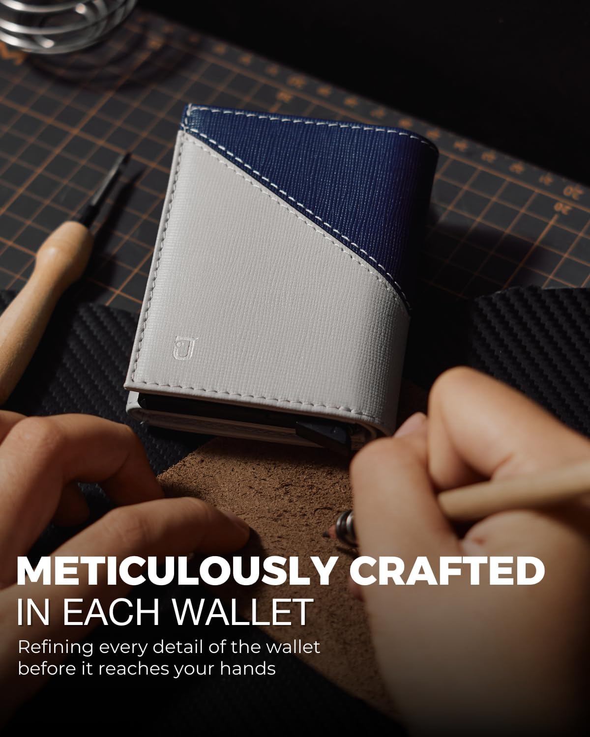 Jenoss Smart Wallet For Men: Full Grain Leather, Handcrafted, Slide Metal Pop Up Case, Slim RFID Blocking Credit Card Holder, Minimalist, Compact 12 Cards Slot Organizers, ID, Money Clip (Grey & Navy)