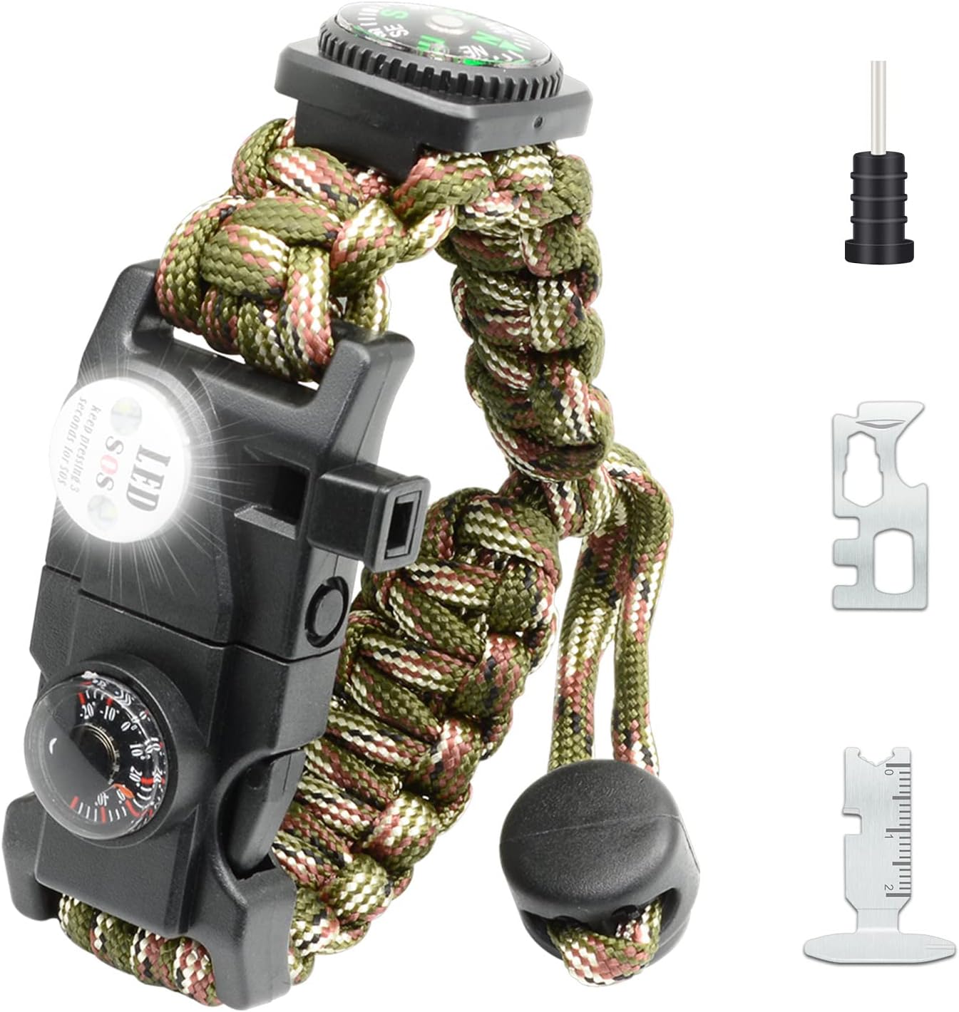 20 in 1 Survival Paracord Bracelet Adjustable Gear Kit with SOS LED Light, Fire Starter, Bigger Compass, Survival Whistle, Perfect for Camping, Hiking, Fishing